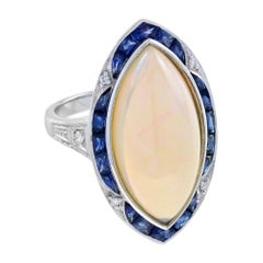 Large Marquise White Opal & Blue Sapphire Diamond Art Deco Style Cocktail Ring