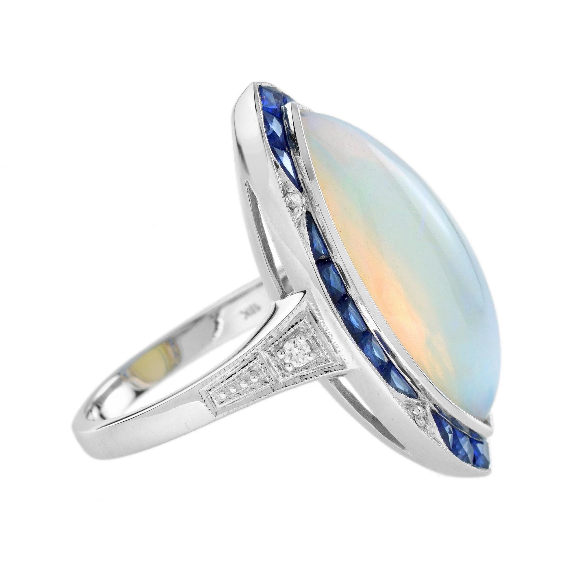 Cabochon Grande anello da cocktail con opale bianco e zaffiro blu in stile Art Déco in vendita