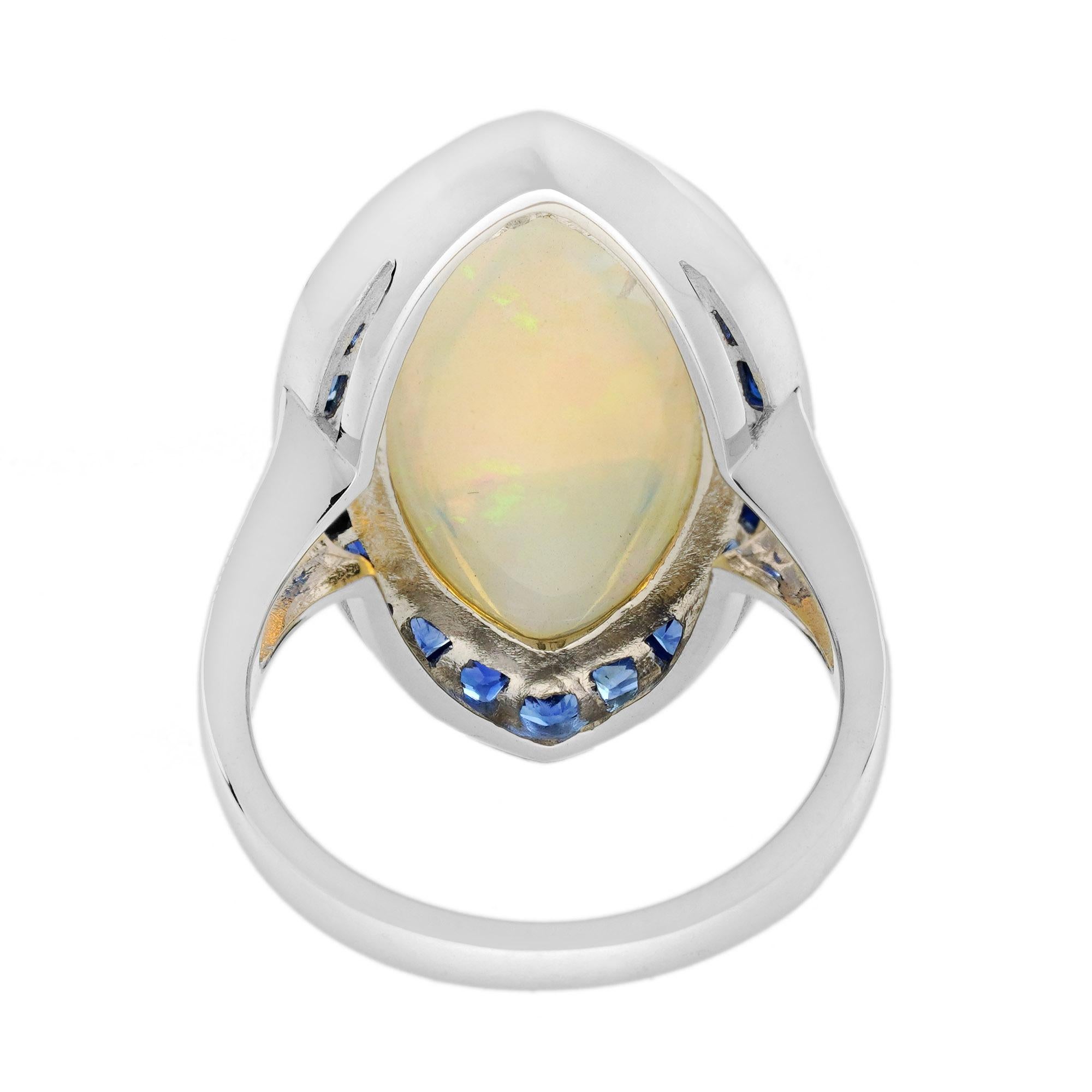 Grande anello da cocktail con opale bianco e zaffiro blu in stile Art Déco In condizioni Nuovo in vendita a Oakton, VA