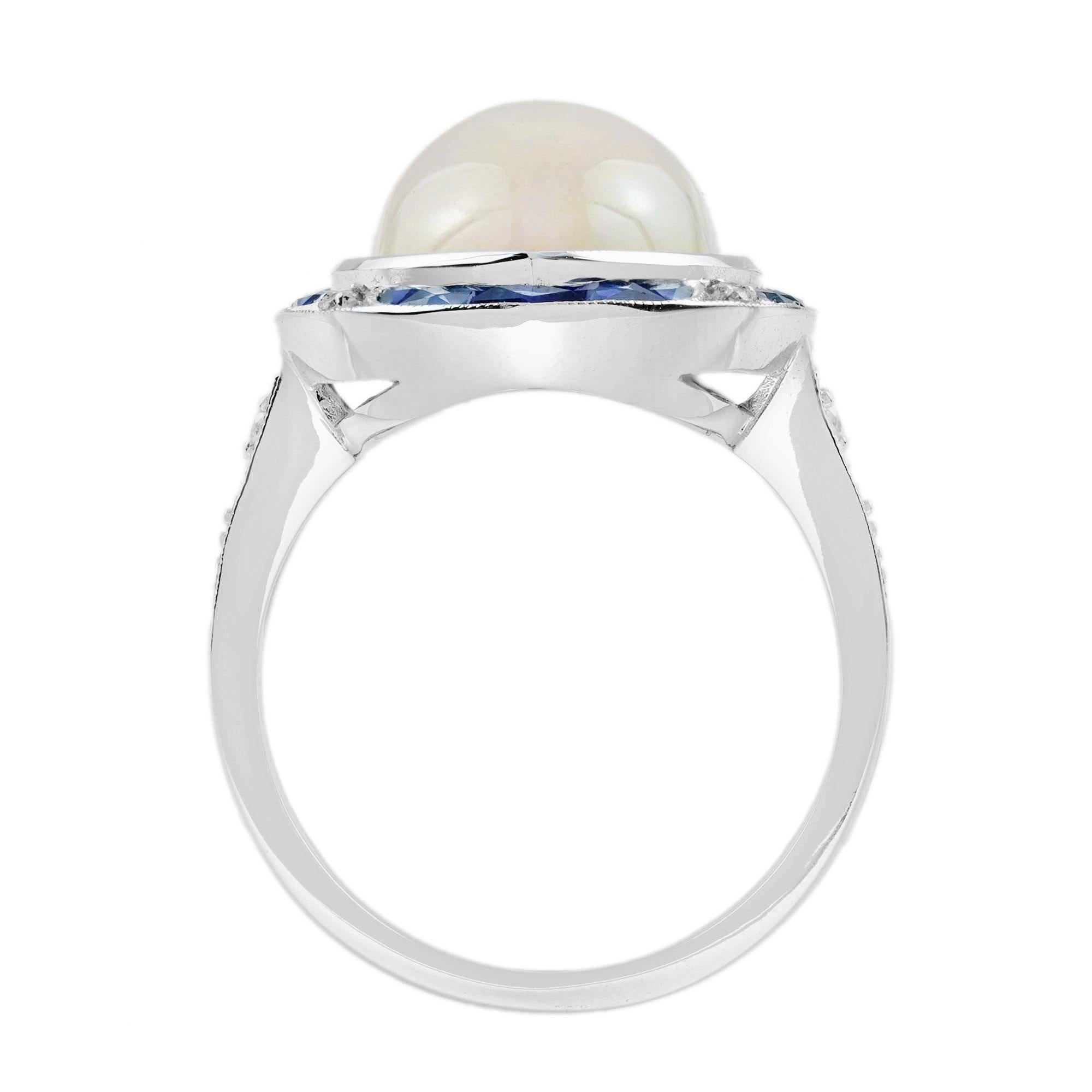 da uomo o donna Grande anello da cocktail con opale bianco e zaffiro blu in stile Art Déco in vendita