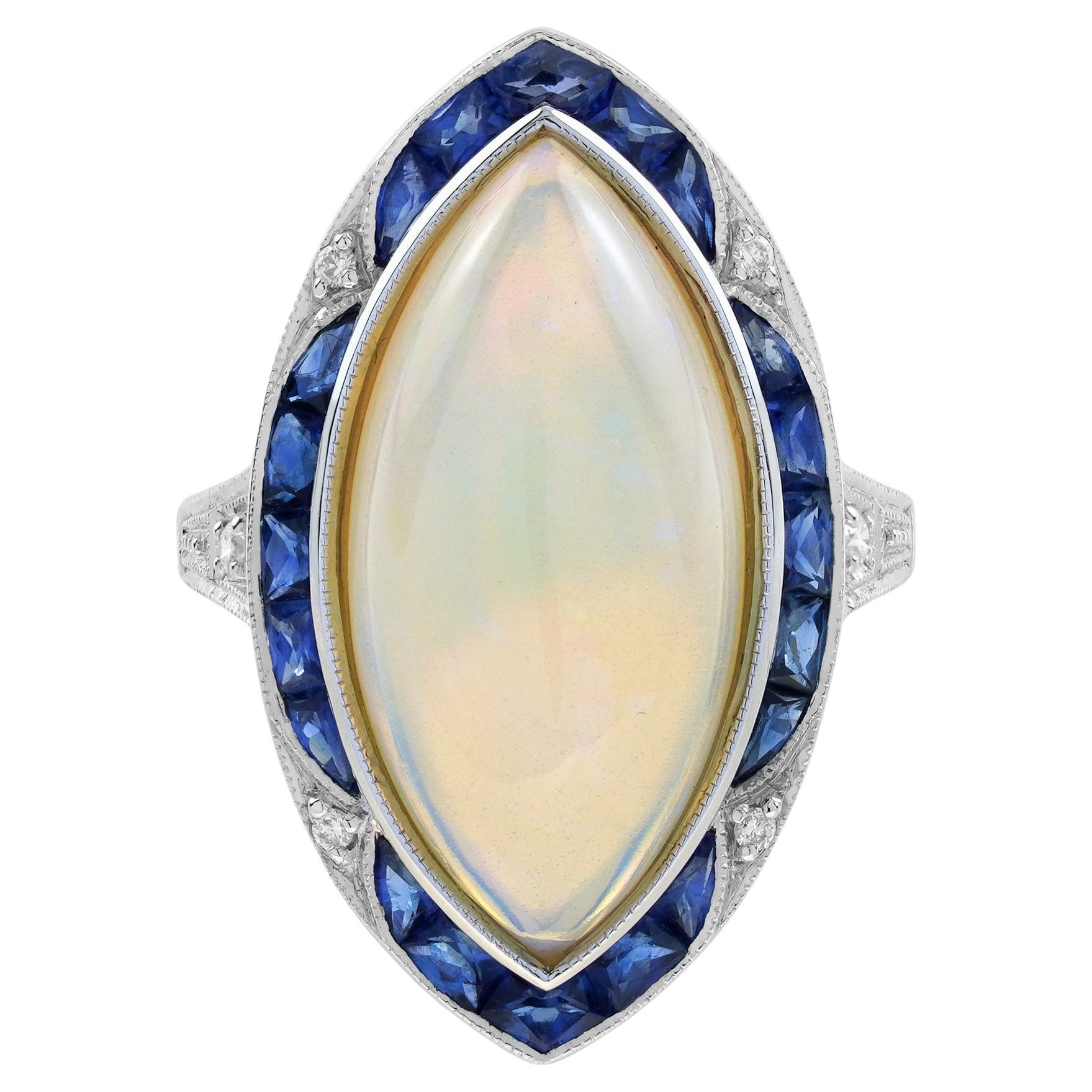 Großer Marquise Weißer Opal & Blauer Saphir Diamant Art Deco Stil Cocktail Ring