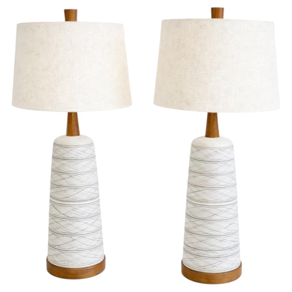 Large Martz Lamp Pair, White, Walnut, Ceramic, 1960s For Sale