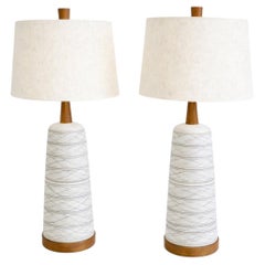 Large Martz Lamp Pair, White, Walnut, Ceramic, 1960s