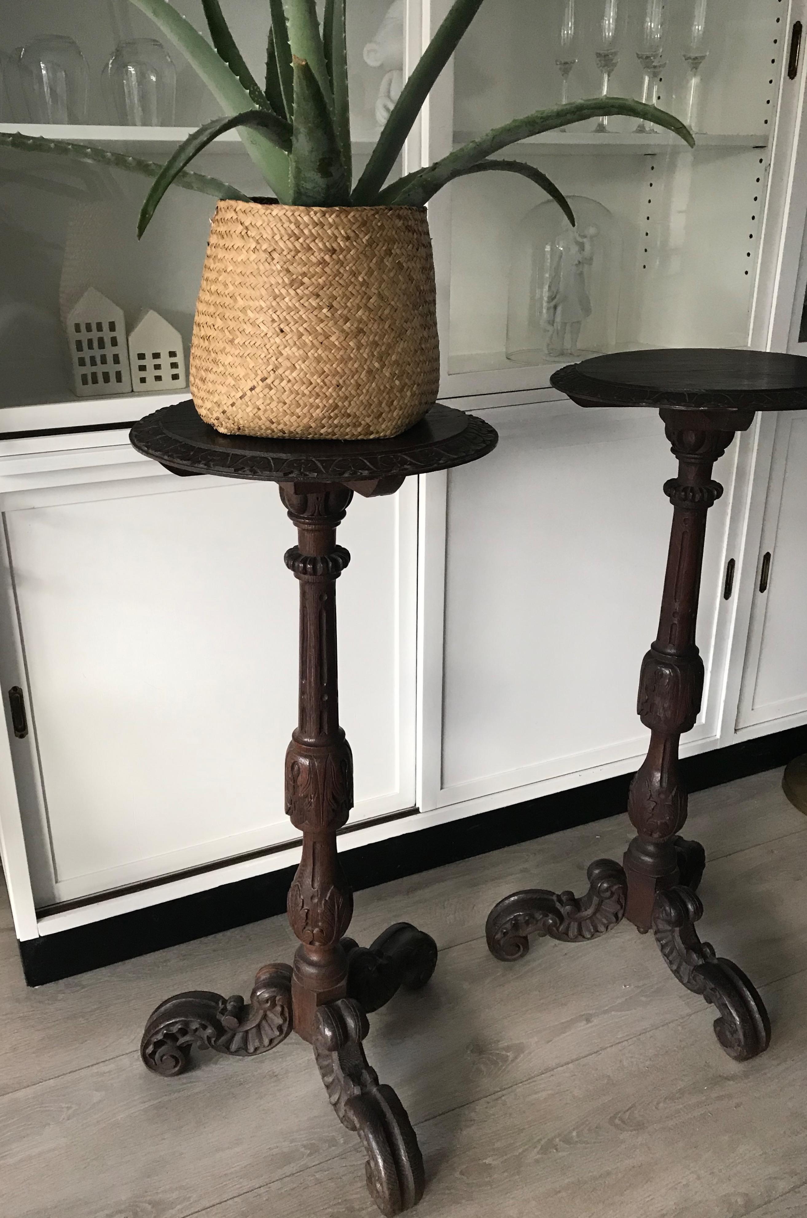Large & Marvelous Pair of Handcrafted Oak Gueridon Flower Tables, Pedestals For Sale 11