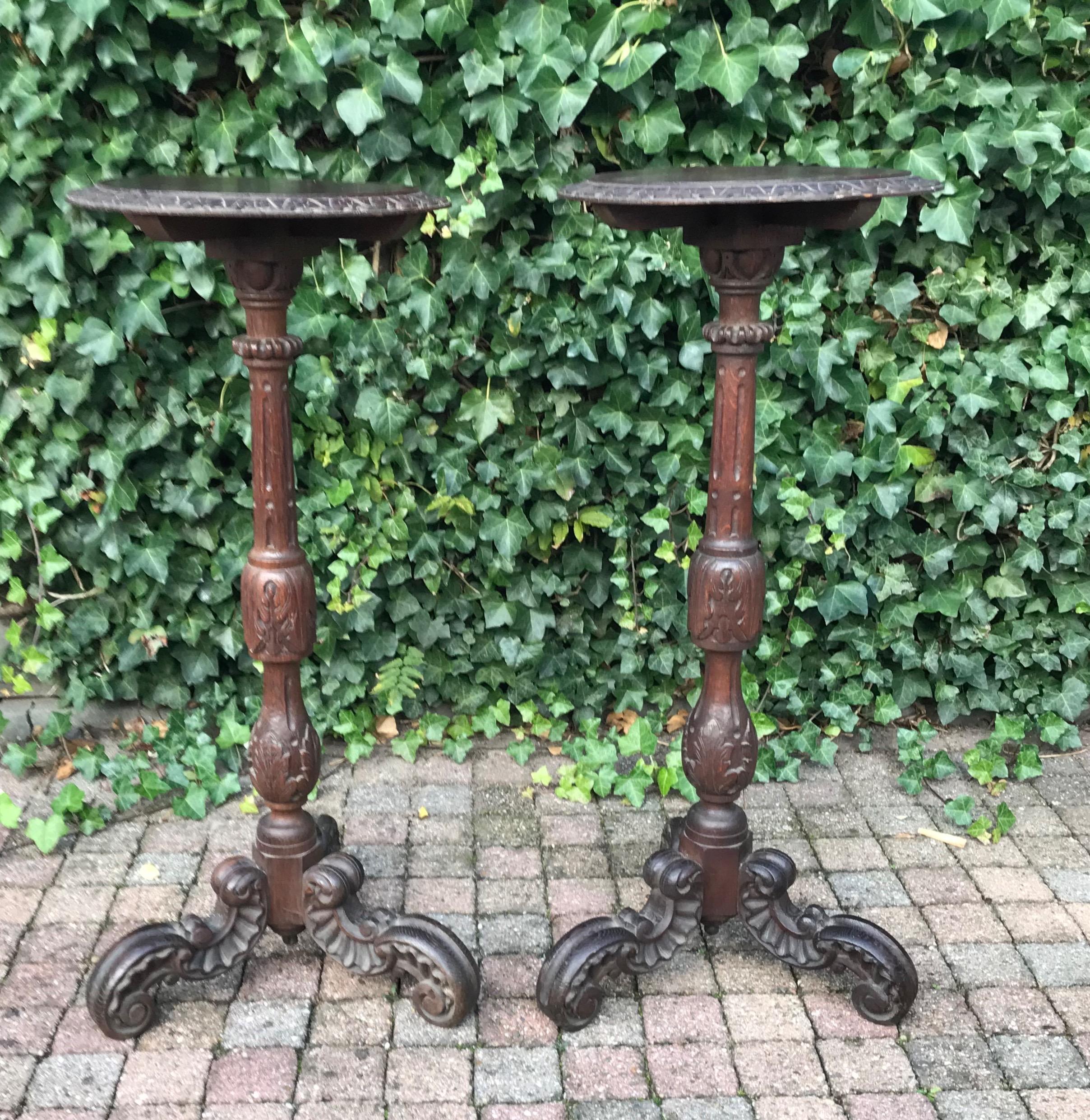 Great looking and matching pair of display tables from circa 1900.

Both these rare and all hand carved tripod tables are as stable as the day they were made. The solid oakwood with its rich patina is in very good condition and these decorative