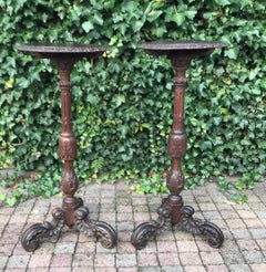 Large & Marvelous Pair of Handcrafted Oak Gueridon Flower Tables, Pedestals