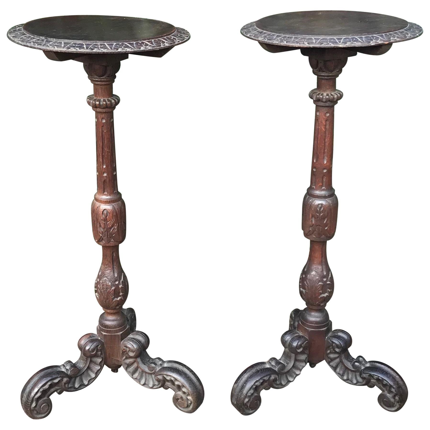 Large & Marvelous Pair of Handcrafted Oak Gueridon Flower Tables, Pedestals
