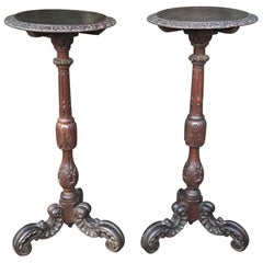 Antique Large & Marvelous Pair of Handcrafted Oak Gueridon Flower Tables, Pedestals