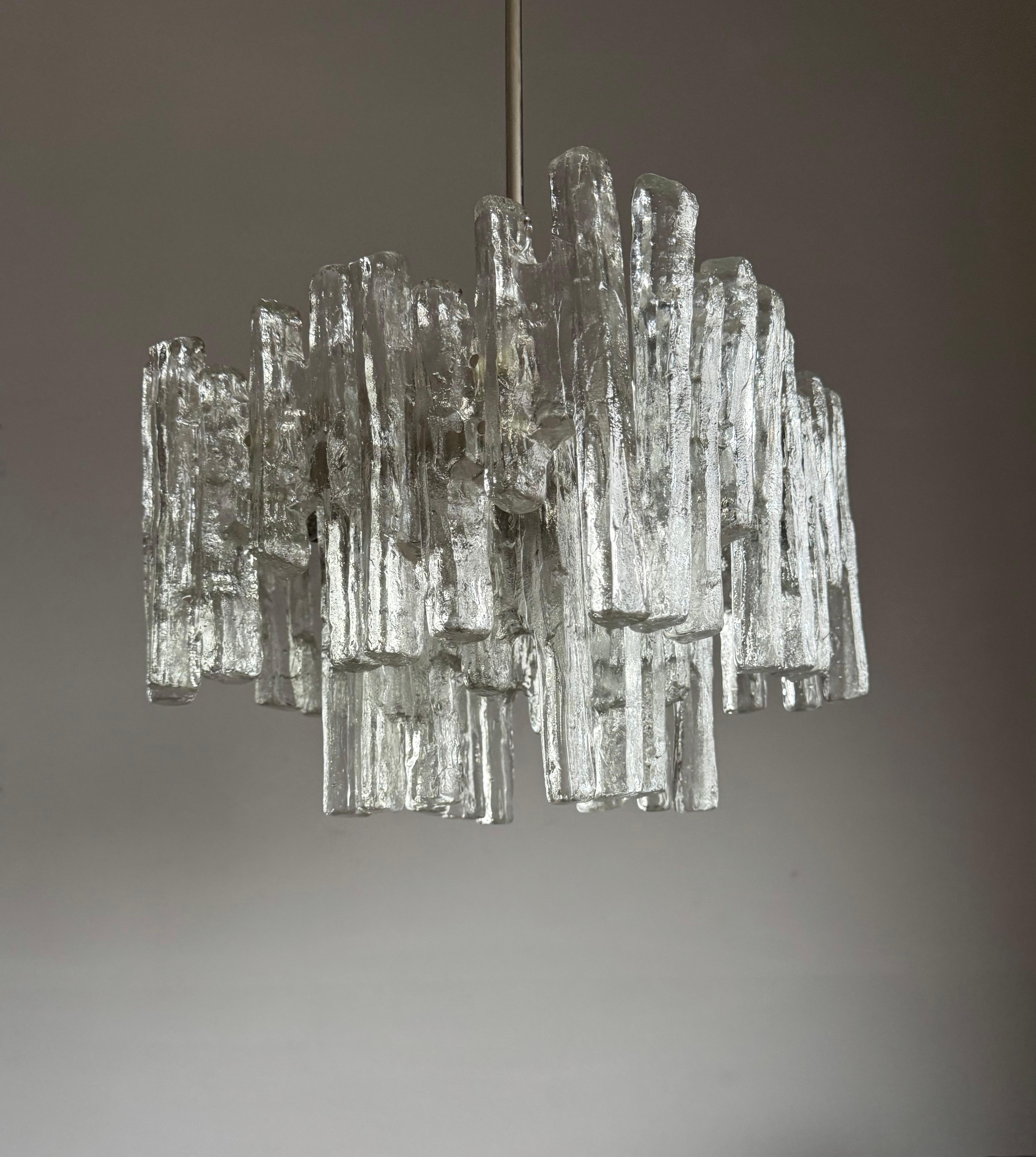 Mid-Century Modern Large & Marvelous Shape Austria Kalmar Chandelier Iced Murano Glass & Nickel For Sale