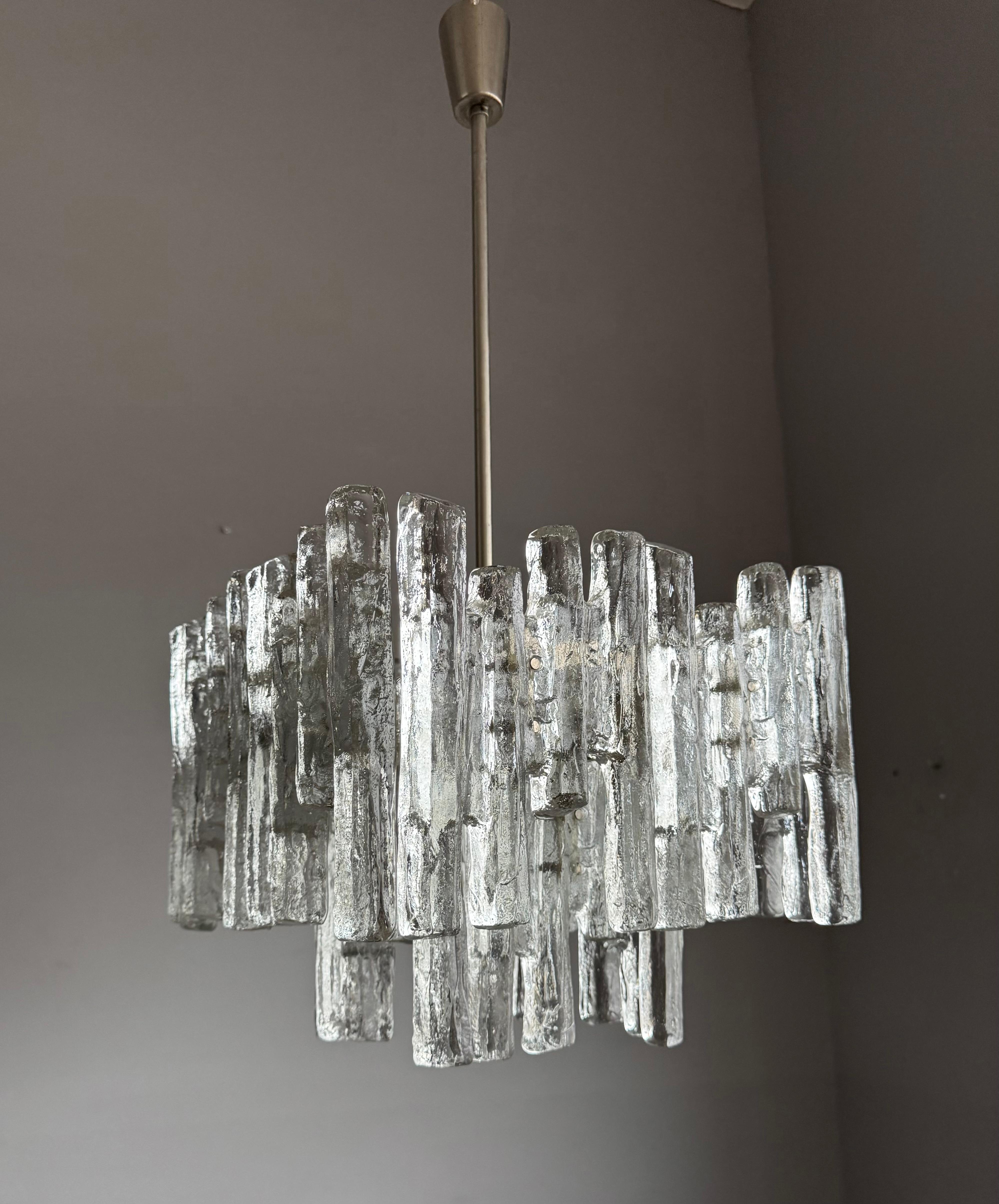 20th Century Large & Marvelous Shape Austria Kalmar Chandelier Iced Murano Glass & Nickel For Sale