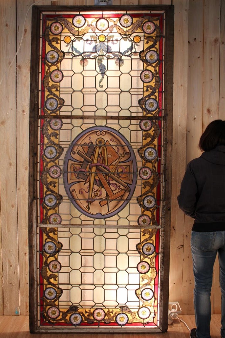 Large Masonic Stained Glass Signed from Champigneulle For Sale at 1stDibs