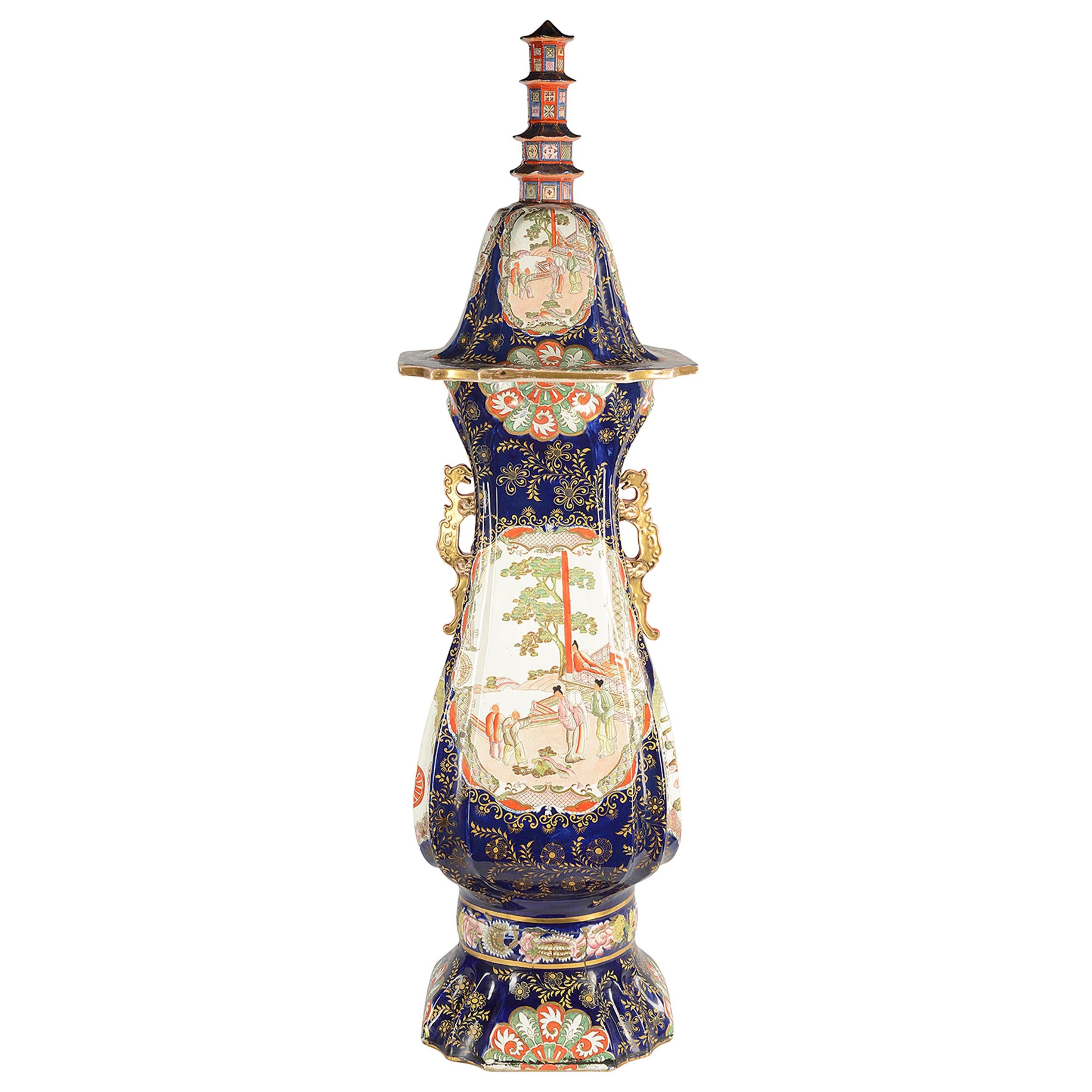 Large Masons Iron Stone Pagoda Lidded Vase, 19th Century For Sale