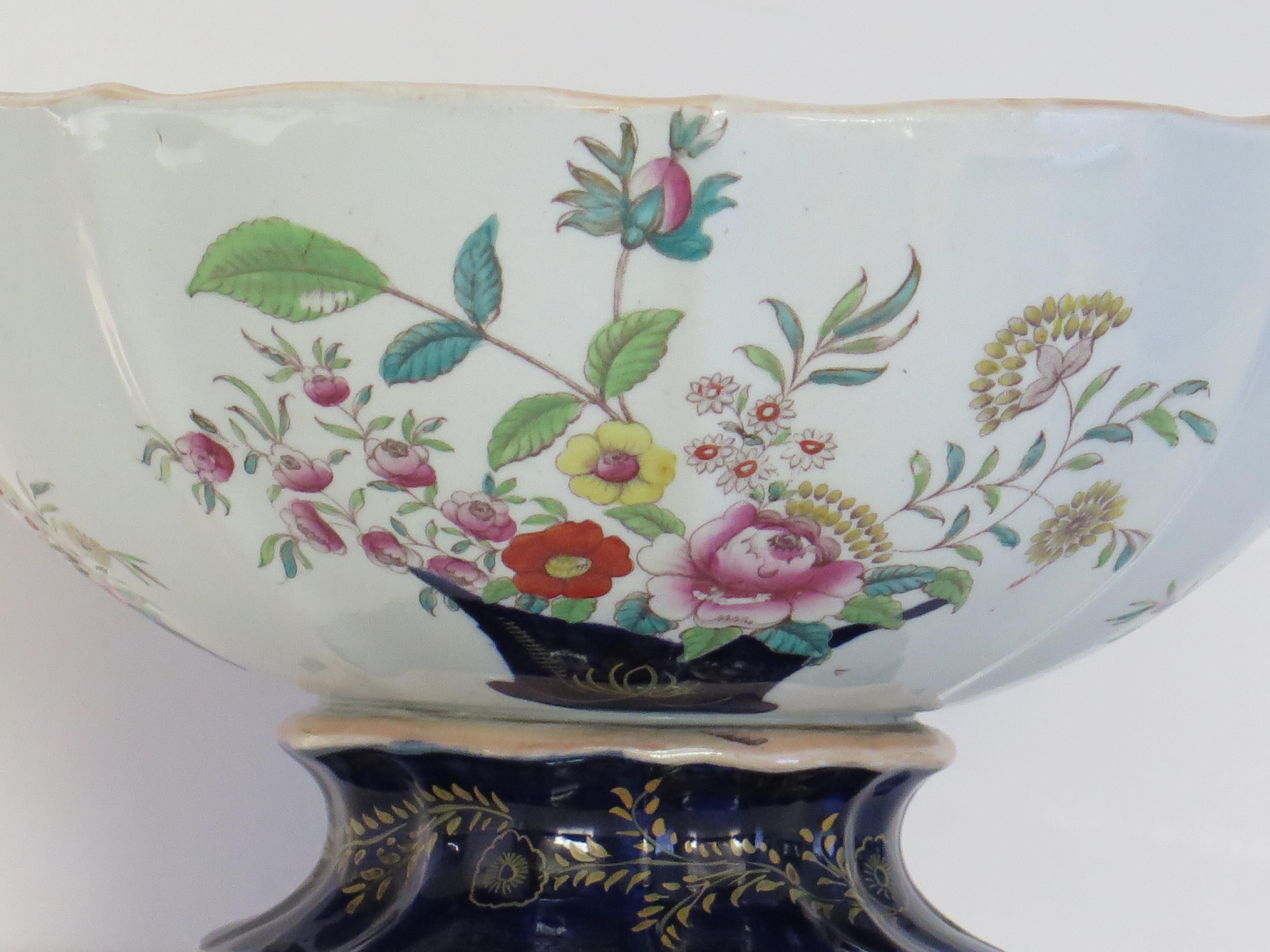 Large Masons Ironstone Punch Bowl in Curled Leaf & Flower Basket ptn, circa 1838 For Sale 5
