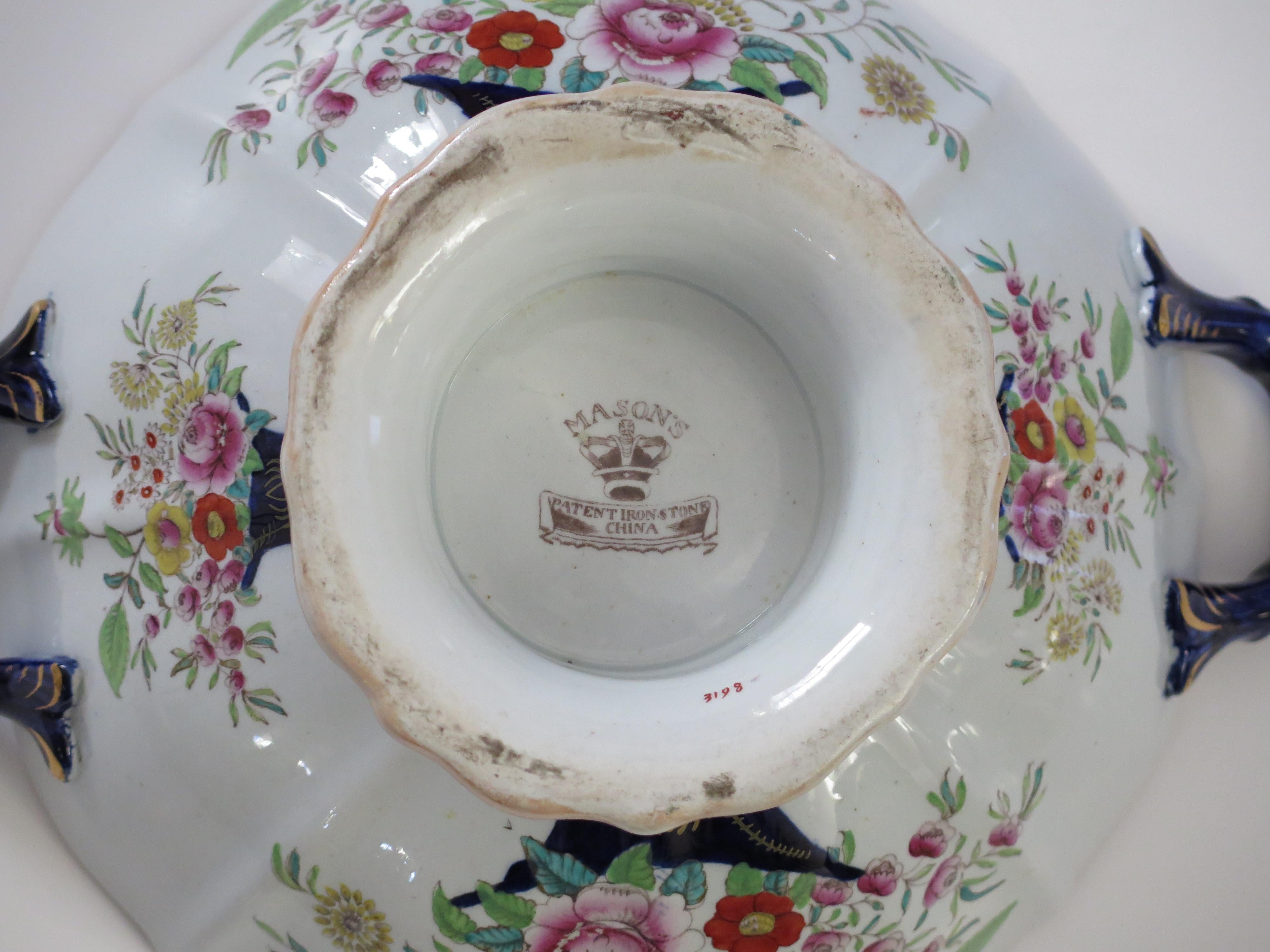 Large Masons Ironstone Punch Bowl in Curled Leaf & Flower Basket ptn, circa 1838 For Sale 8