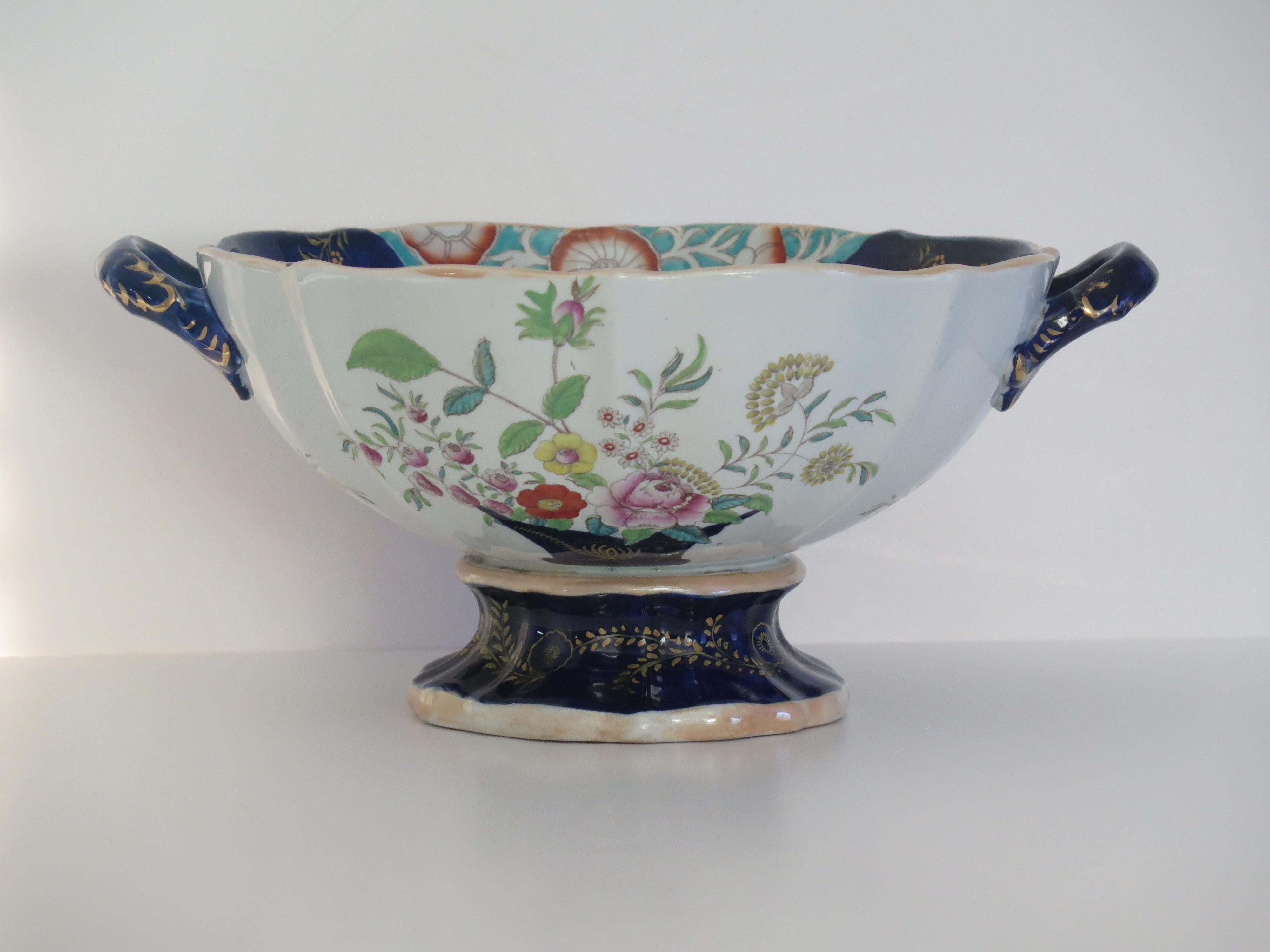 English Large Masons Ironstone Punch Bowl in Curled Leaf & Flower Basket ptn, circa 1838 For Sale