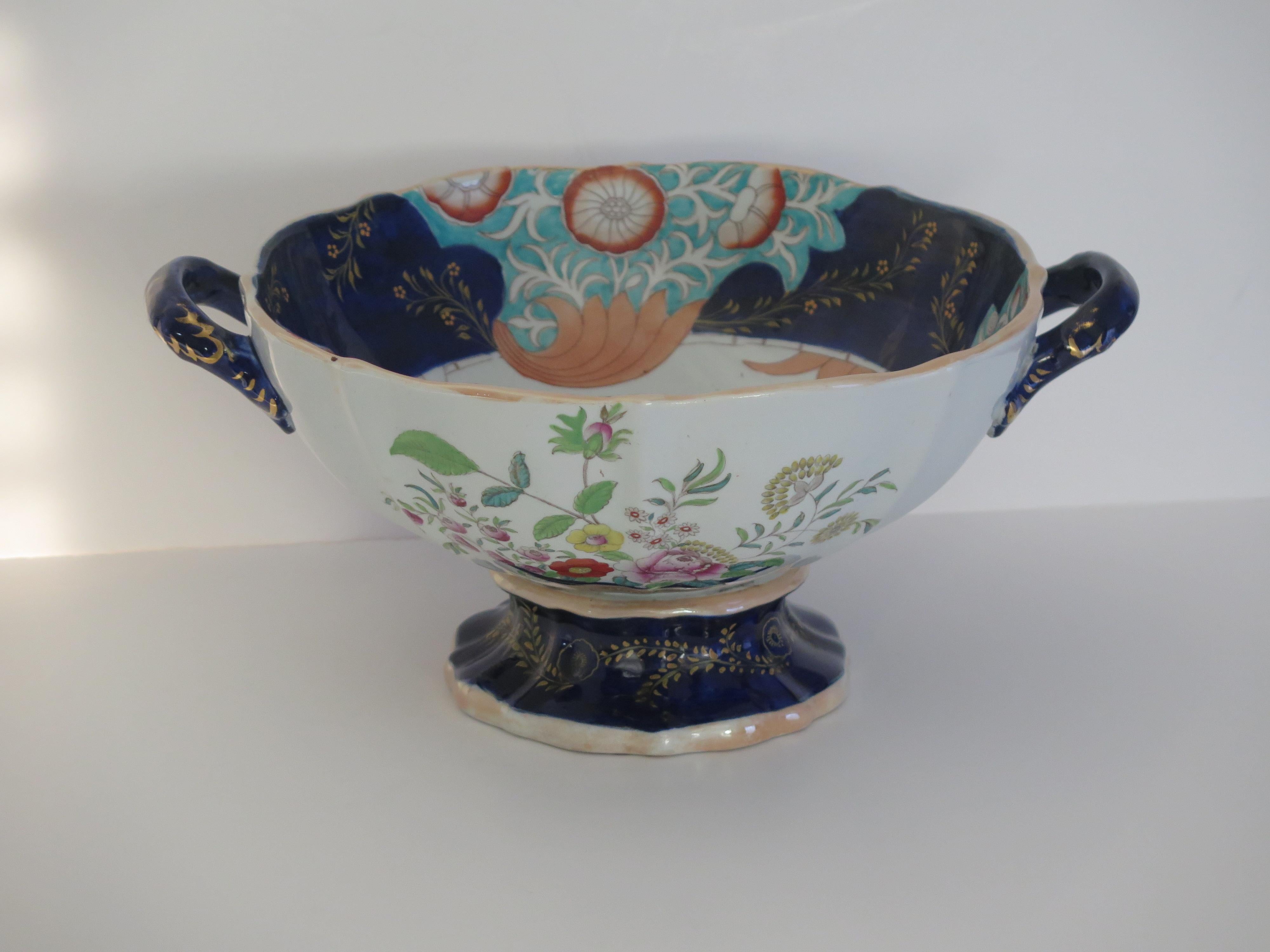 Hand-Painted Large Masons Ironstone Punch Bowl in Curled Leaf & Flower Basket ptn, circa 1838 For Sale