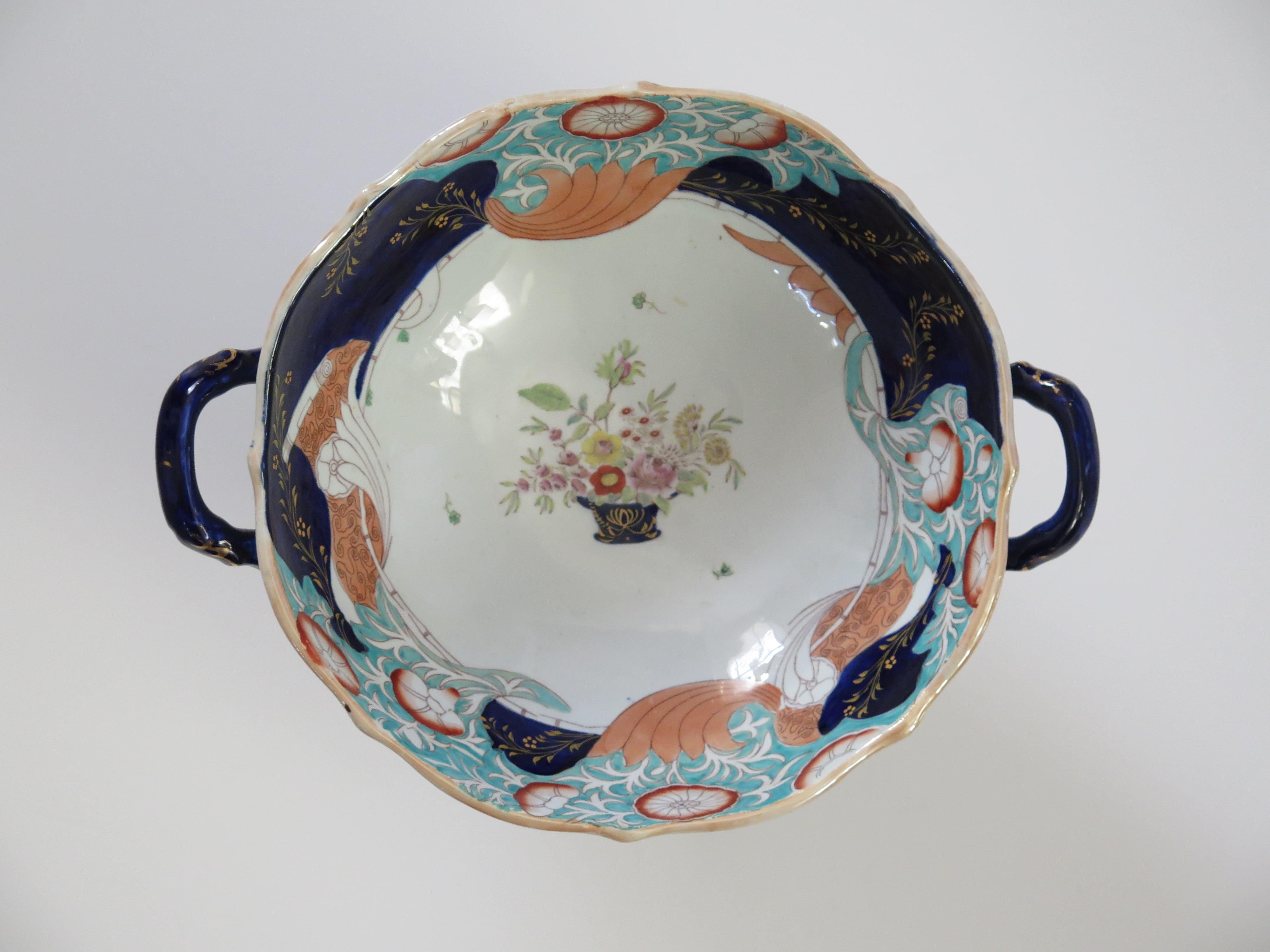 Large Masons Ironstone Punch Bowl in Curled Leaf & Flower Basket ptn, circa 1838 For Sale 2