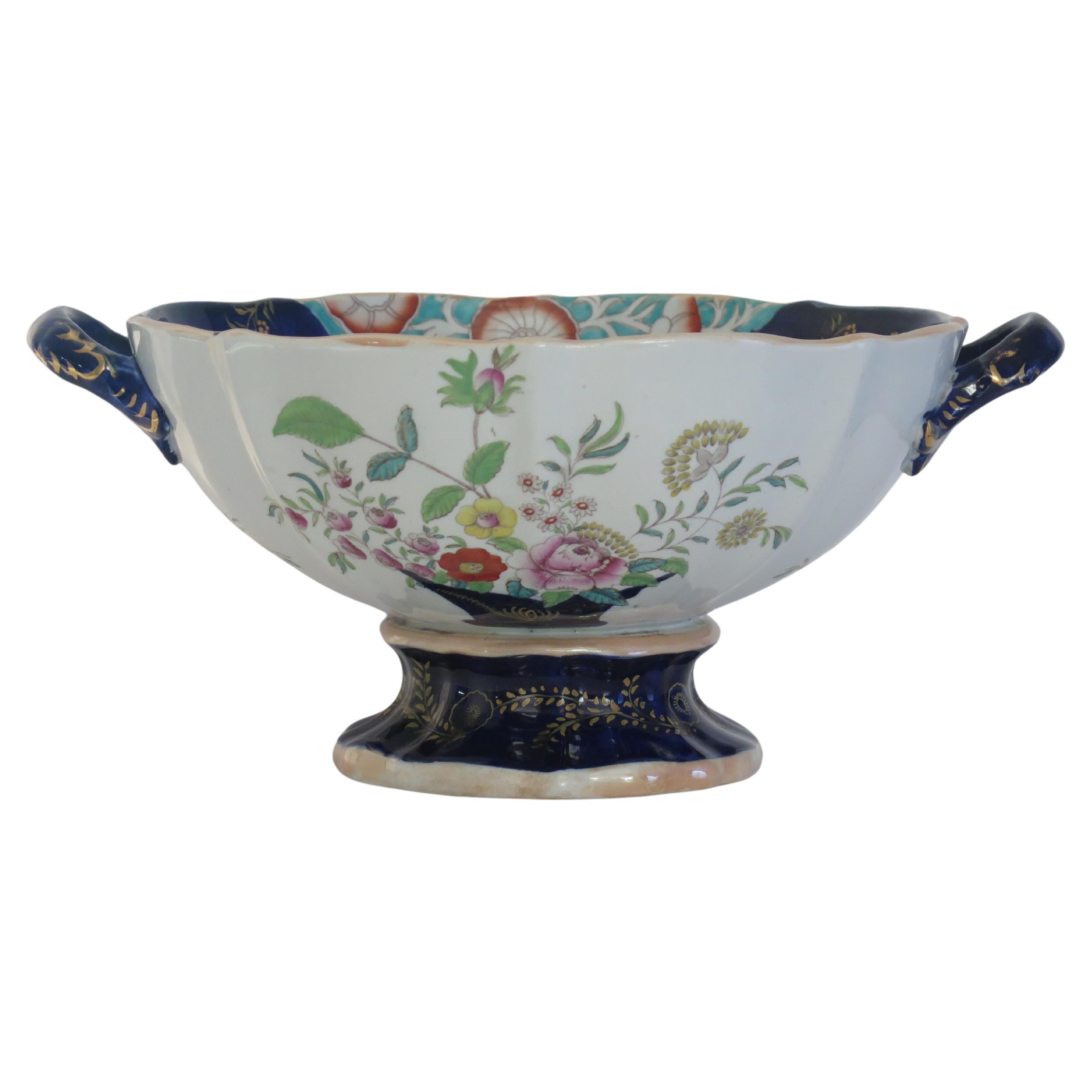 Large Masons Ironstone Punch Bowl in Curled Leaf & Flower Basket ptn, circa 1838 For Sale