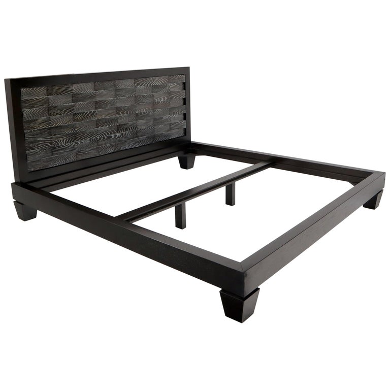 Large Massive King Size Black Lacquer Cerused Oak Bed Headboard For Sale