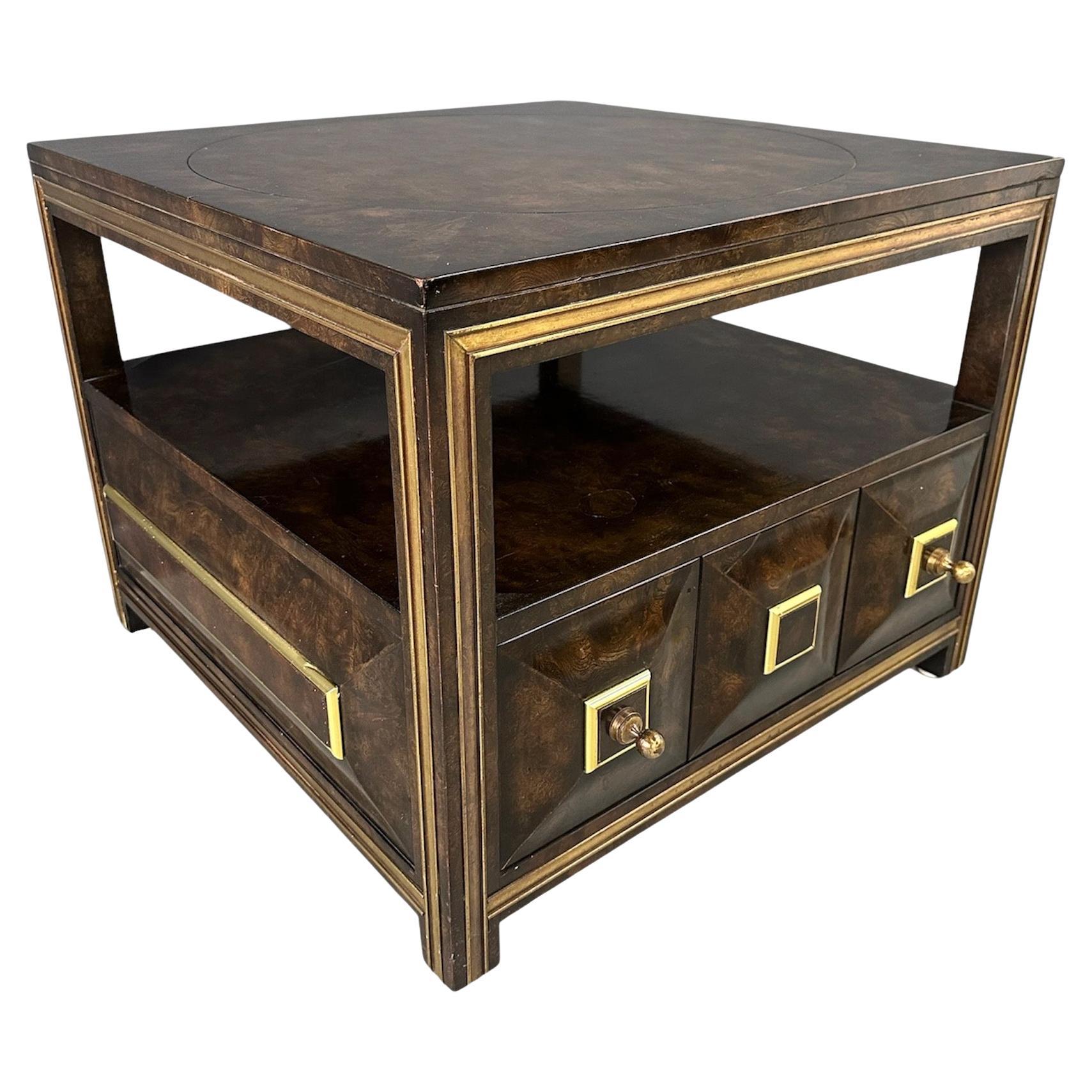 Large Mastercraft Burl Elm & Brass End Table or Night Stand w/Drawer