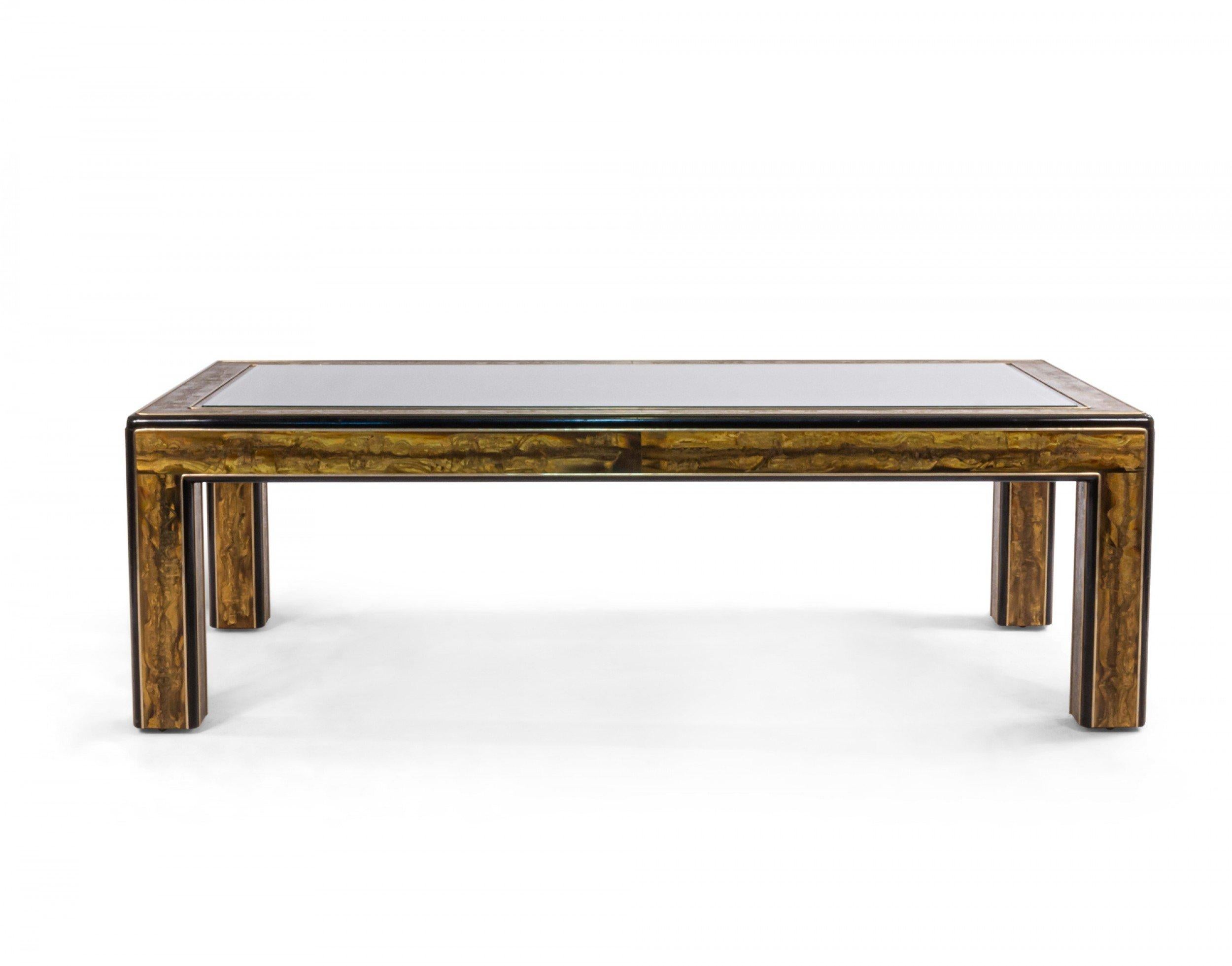 Midcentury American acid etched brass and lacquered wood coffee table with a chinoiserie design and a glass inset top ( by Mastercraft).
