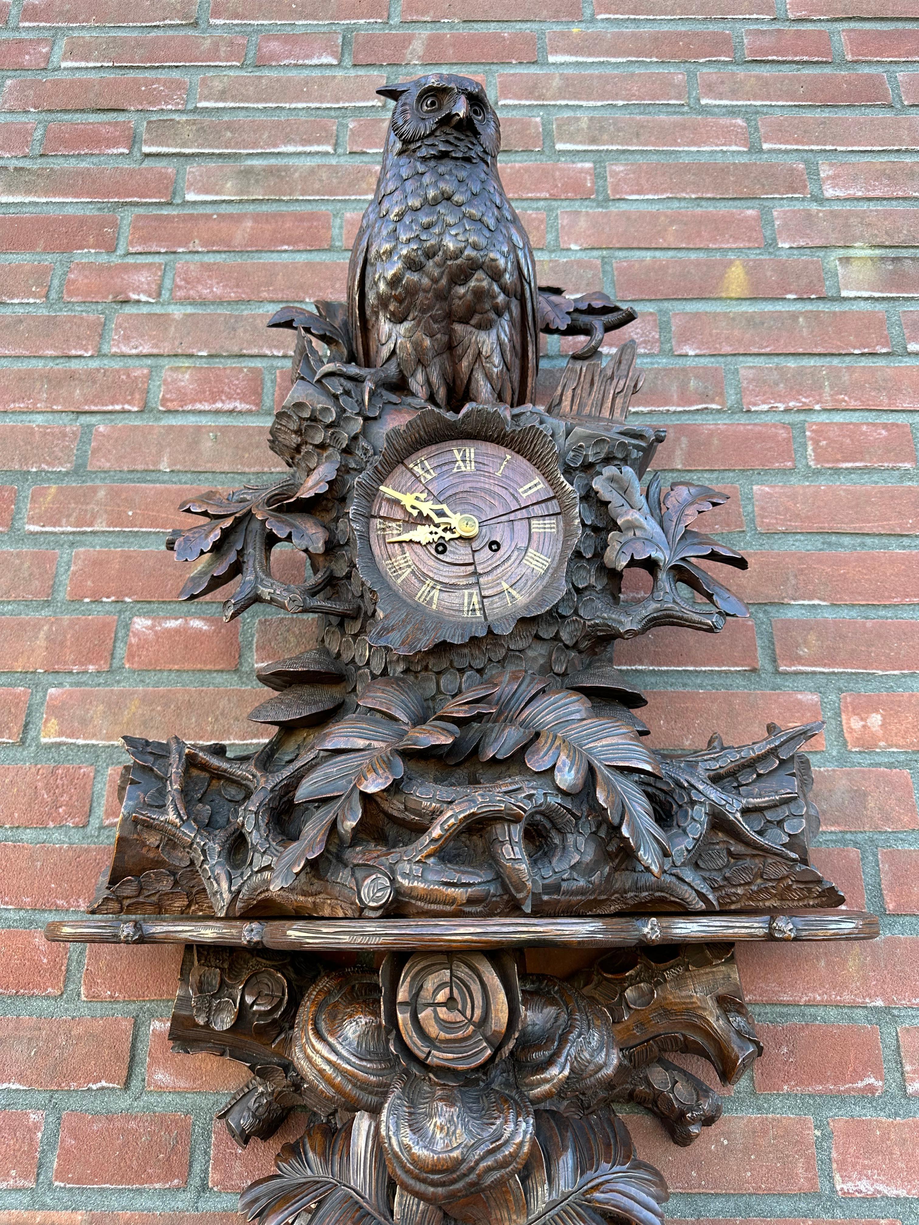 Large Masterly Carved Black Forest Nutwood Wall Clock w. Owl Sculpture & Bracket 3