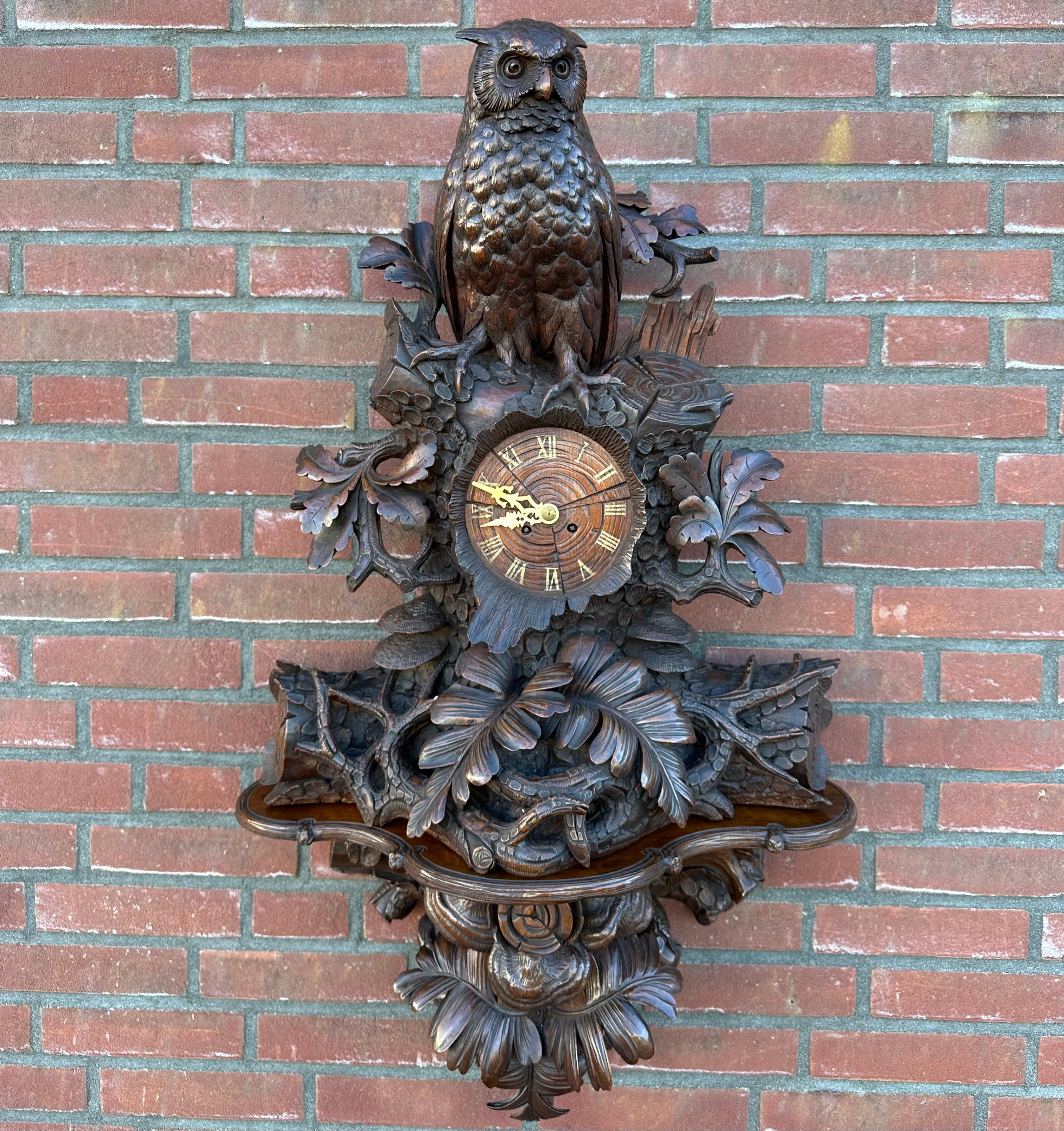 Large Masterly Carved Black Forest Nutwood Wall Clock w. Owl Sculpture & Bracket 10