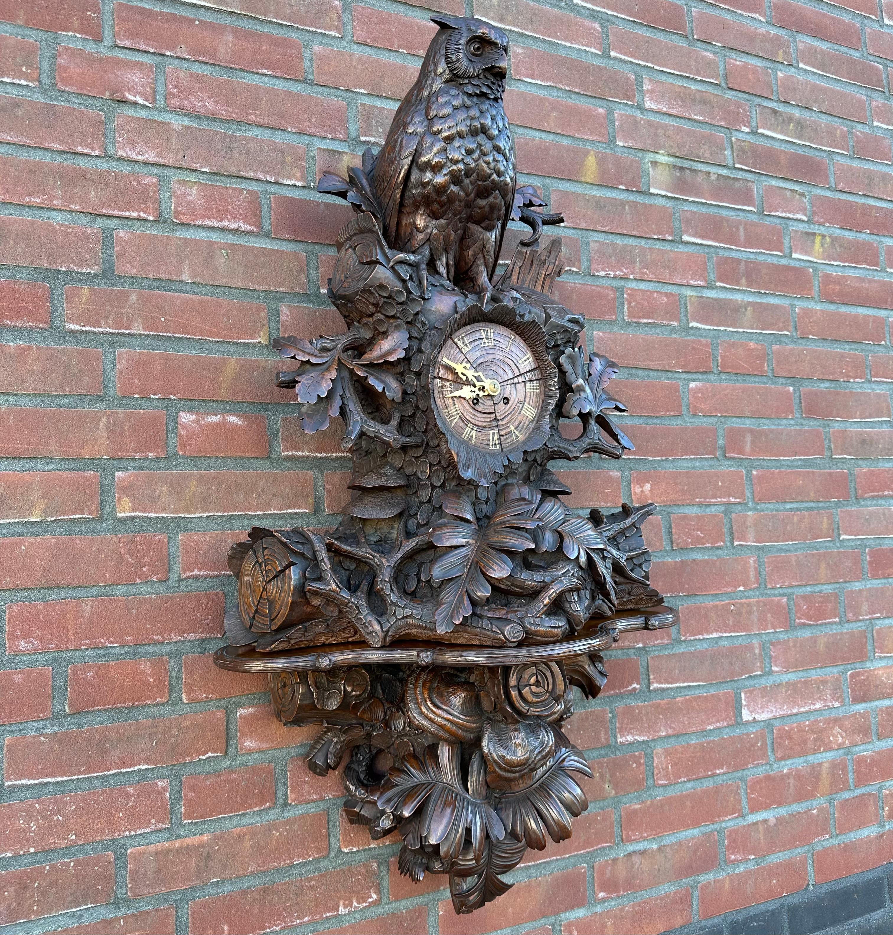 Swiss Large Masterly Carved Black Forest Nutwood Wall Clock w. Owl Sculpture & Bracket