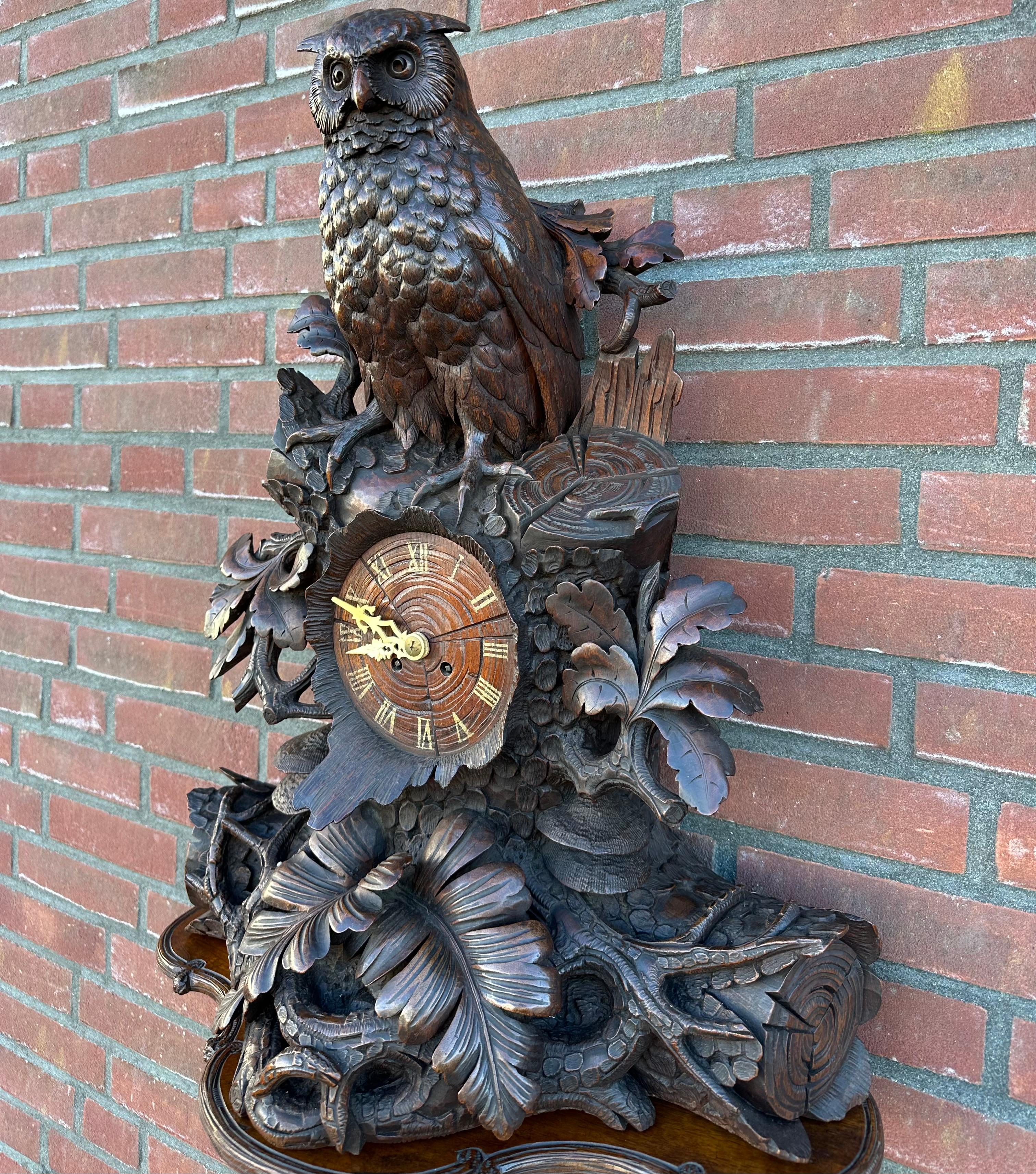 Hand-Carved Large Masterly Carved Black Forest Nutwood Wall Clock w. Owl Sculpture & Bracket