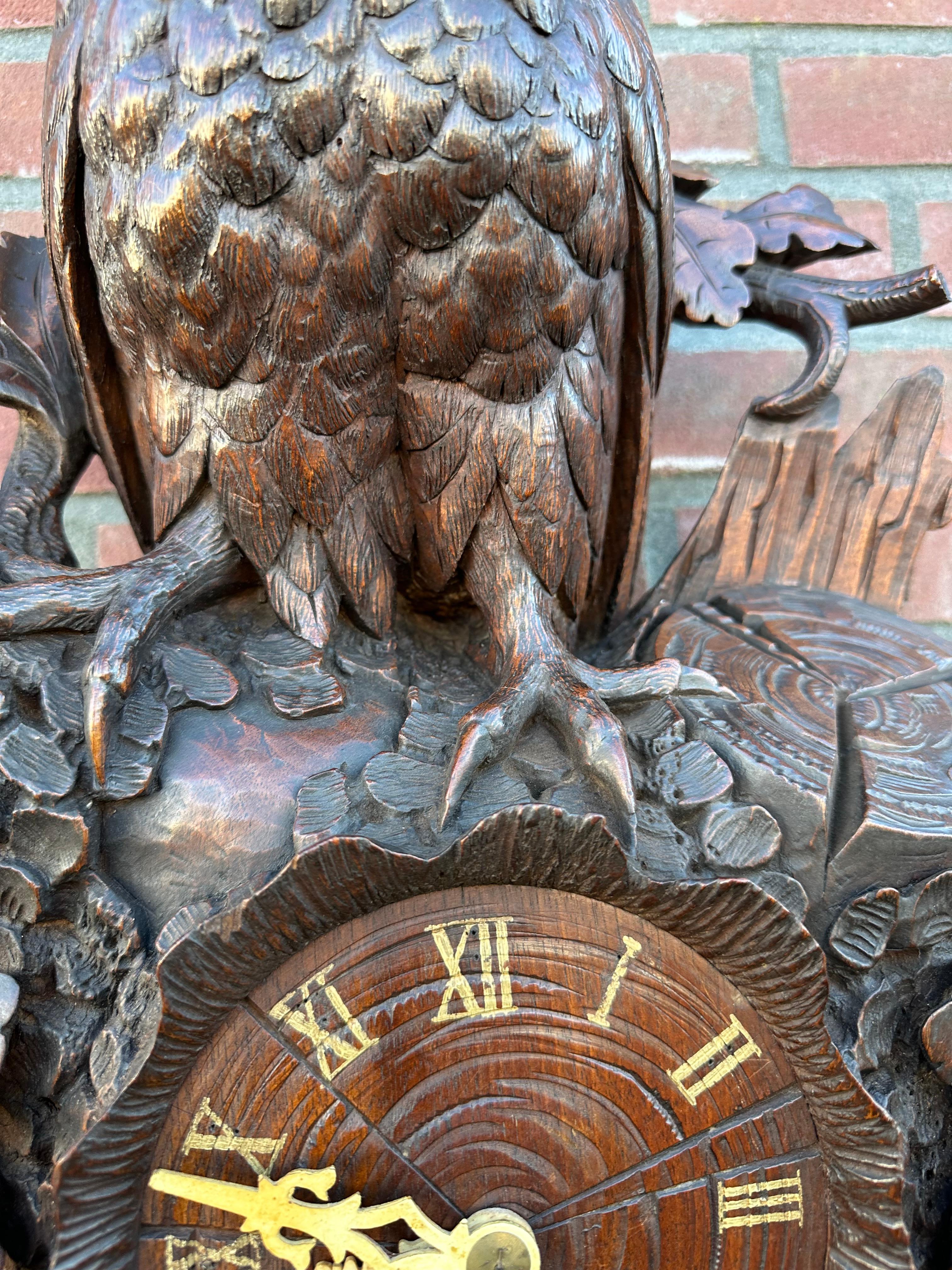 19th Century Large Masterly Carved Black Forest Nutwood Wall Clock w. Owl Sculpture & Bracket
