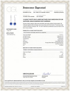 Large Cabochon Ceylon Sapphire  16.73 Carat 0.50 Diamond Gold 1.75 Inch Earrings