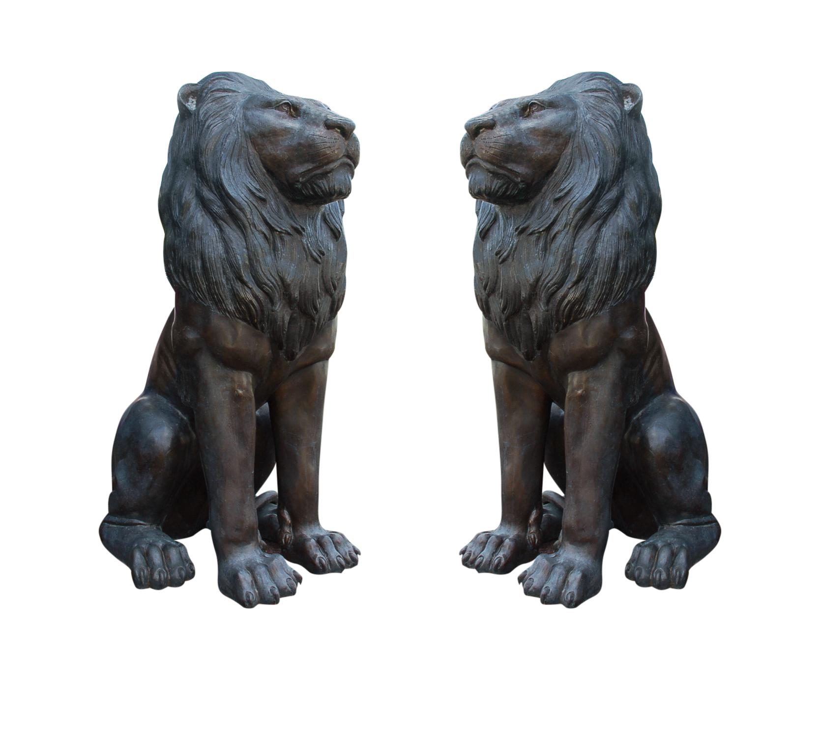 Large Matching Pair of Bronze Seated Lion Sculptures or Statues, France, 1980s 4