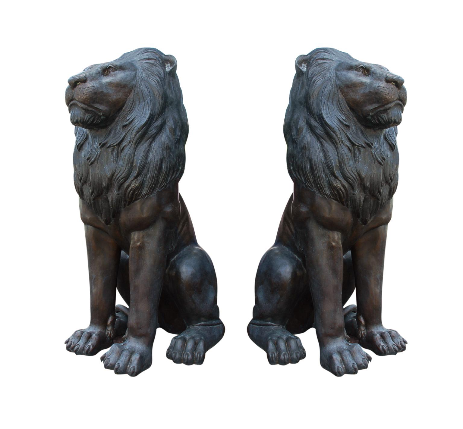 Large Matching Pair of Bronze Seated Lion Sculptures or Statues, France, 1980s 6