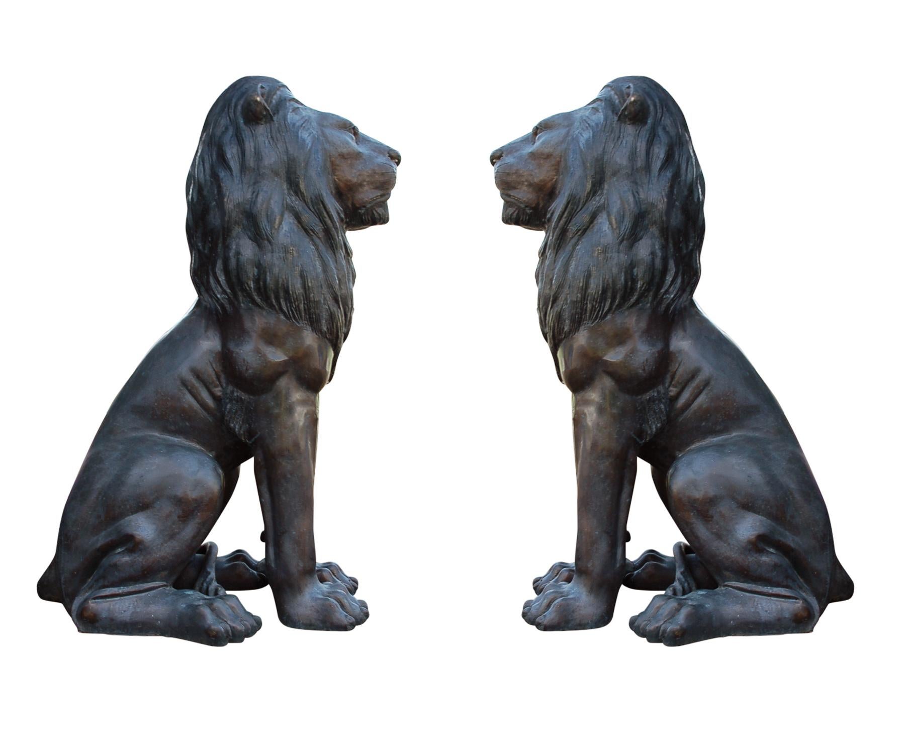 Hollywood Regency Large Matching Pair of Bronze Seated Lion Sculptures or Statues, France, 1980s