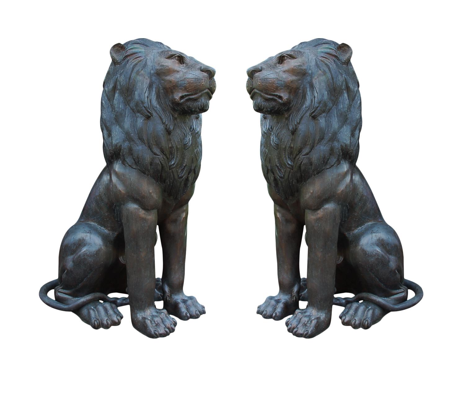French Large Matching Pair of Bronze Seated Lion Sculptures or Statues, France, 1980s