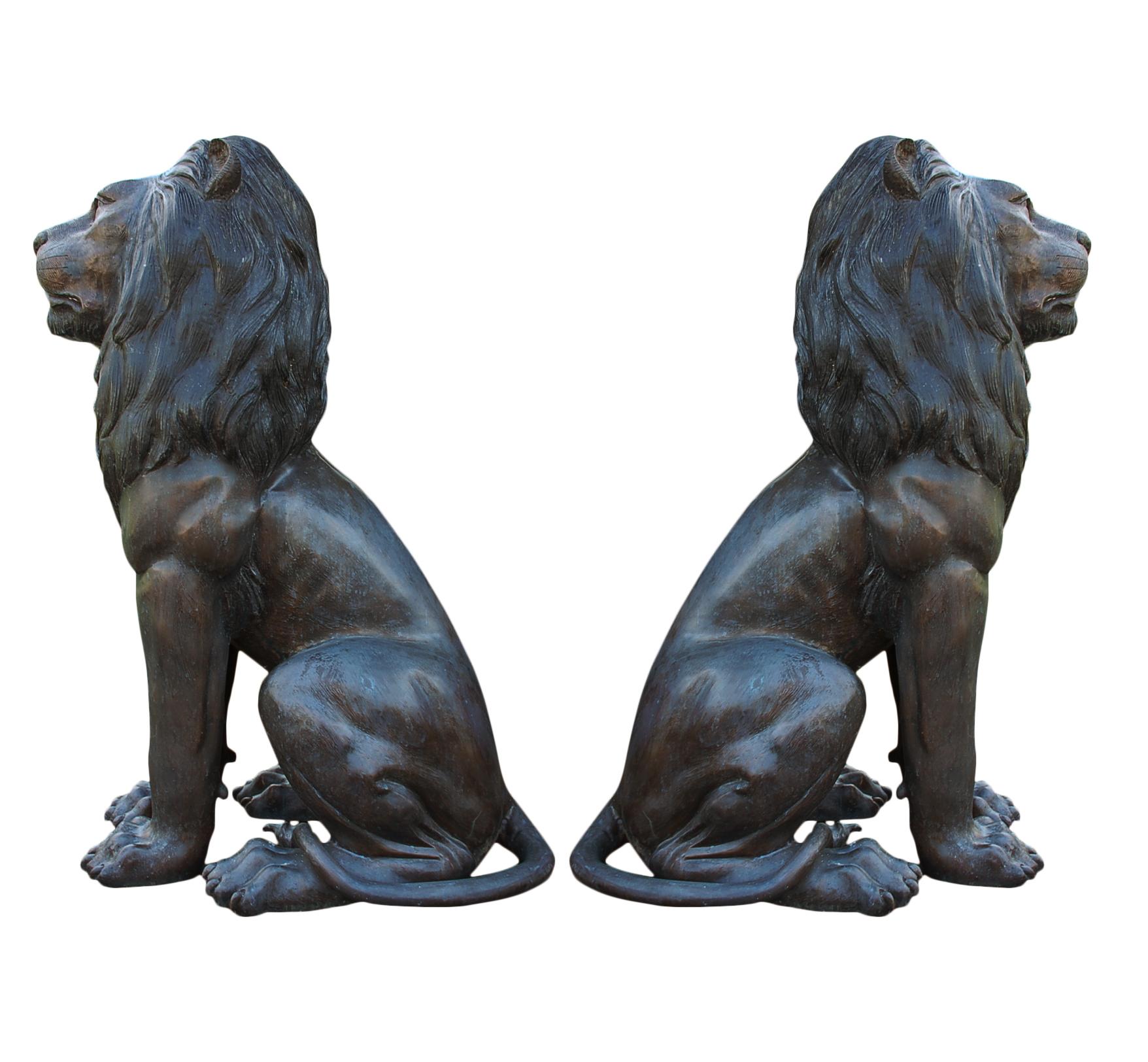 Late 20th Century Large Matching Pair of Bronze Seated Lion Sculptures or Statues, France, 1980s