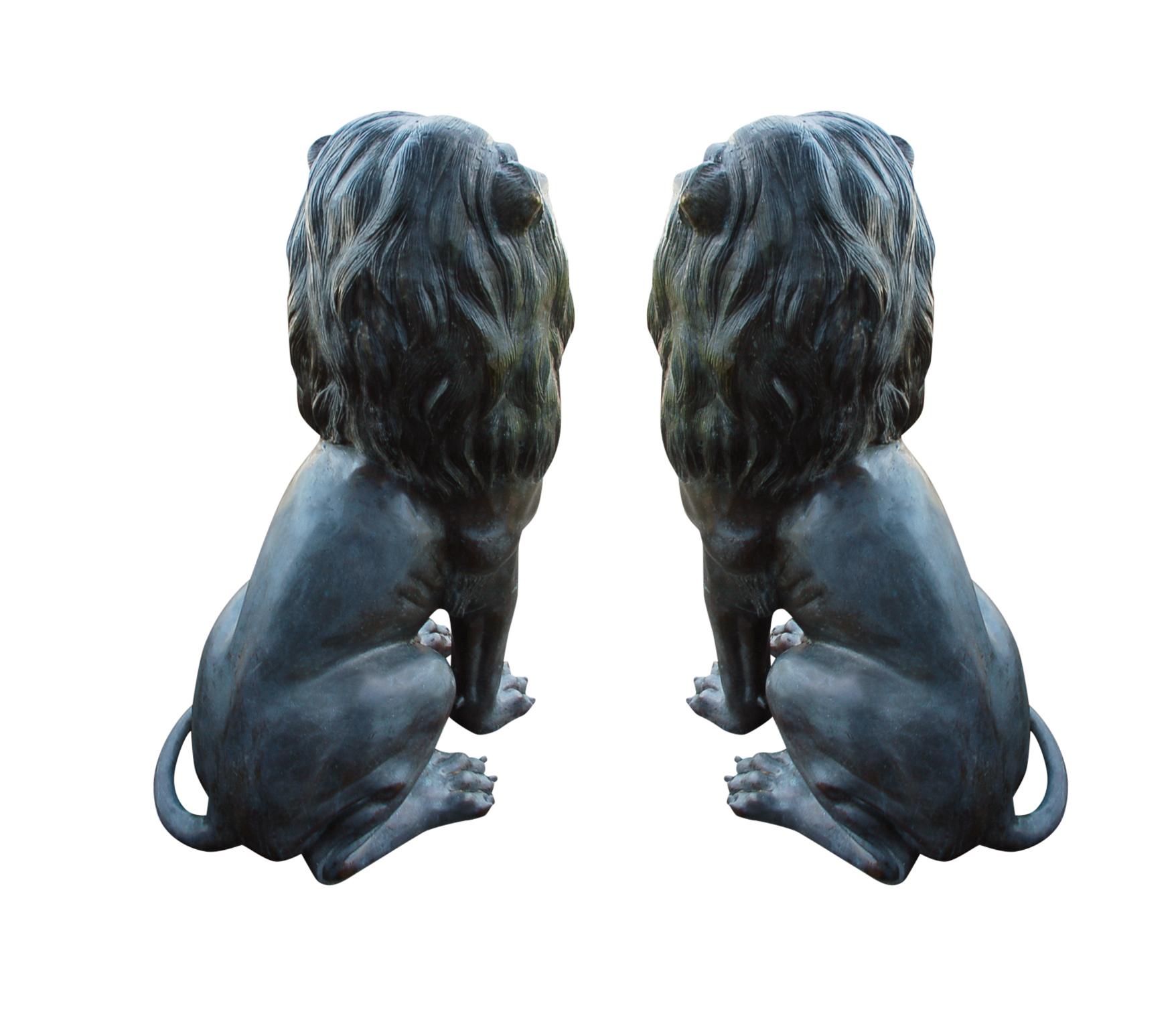 Large Matching Pair of Bronze Seated Lion Sculptures or Statues, France, 1980s 1