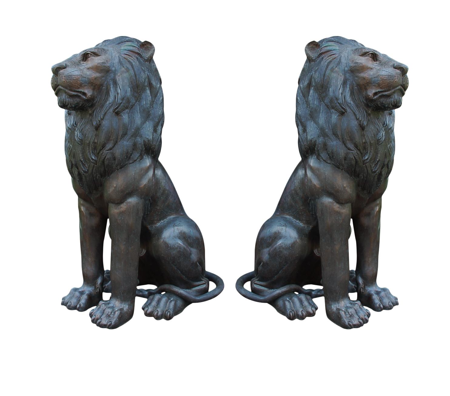 Large Matching Pair of Bronze Seated Lion Sculptures or Statues, France, 1980s 2