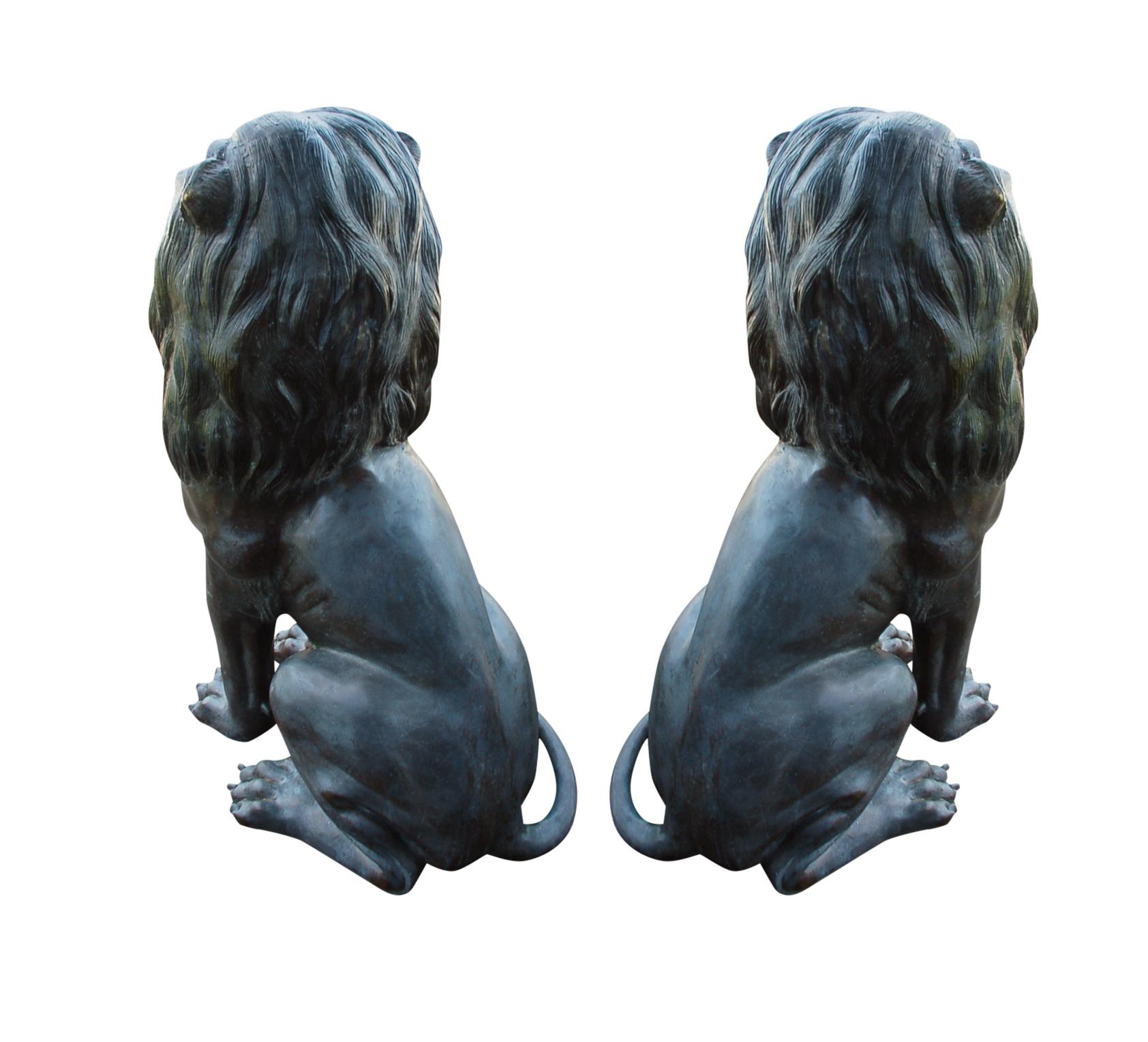 Large Matching Pair of Bronze Seated Lion Sculptures or Statues, France, 1980s 3