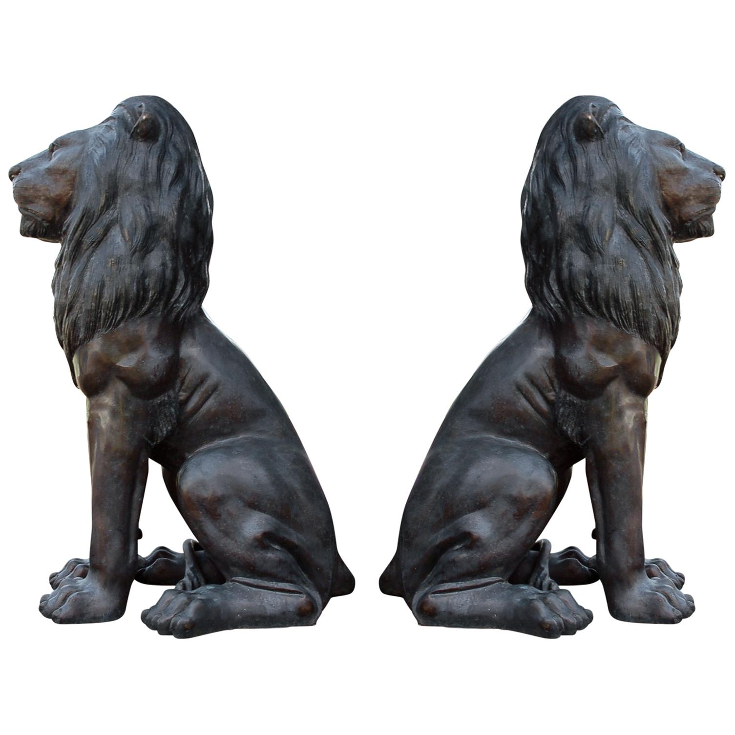Large Matching Pair of Bronze Seated Lion Sculptures or Statues, France, 1980s