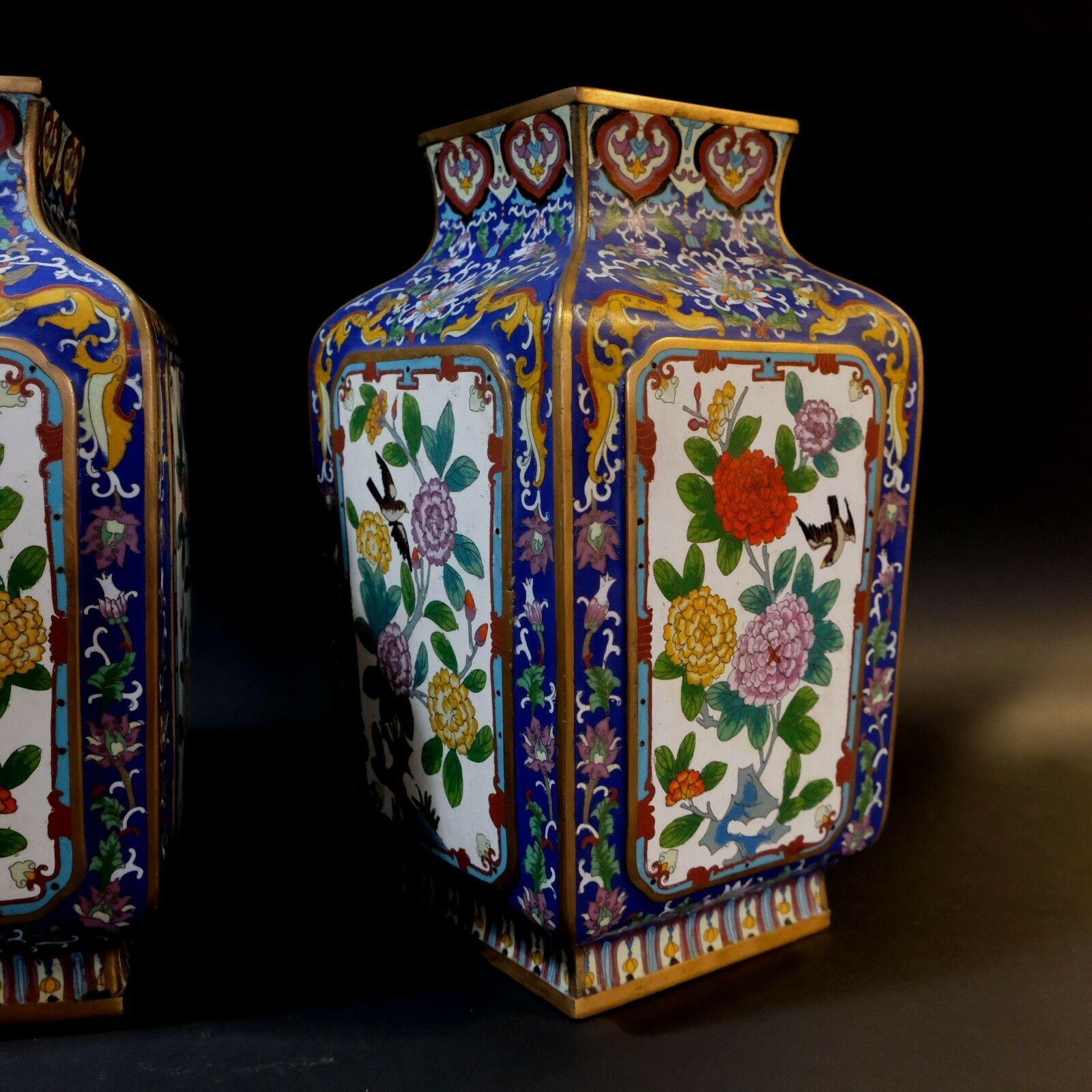 Hand-Crafted Large Matching Pair of Chinese Bronze Cloisonné Enameled Vases For Sale