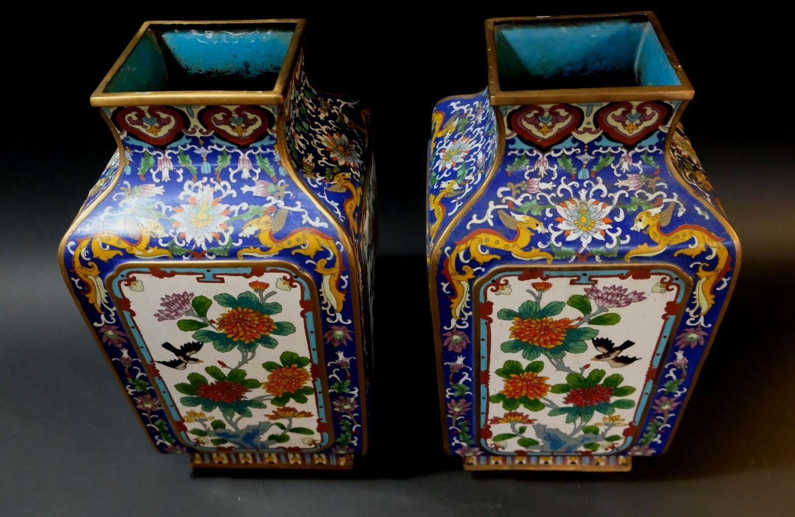 Large Matching Pair of Chinese Bronze Cloisonné Enameled Vases In Good Condition For Sale In Norton, MA