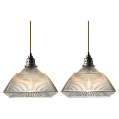 Large Matching Pair of Dome Over Square Holophane Pendents