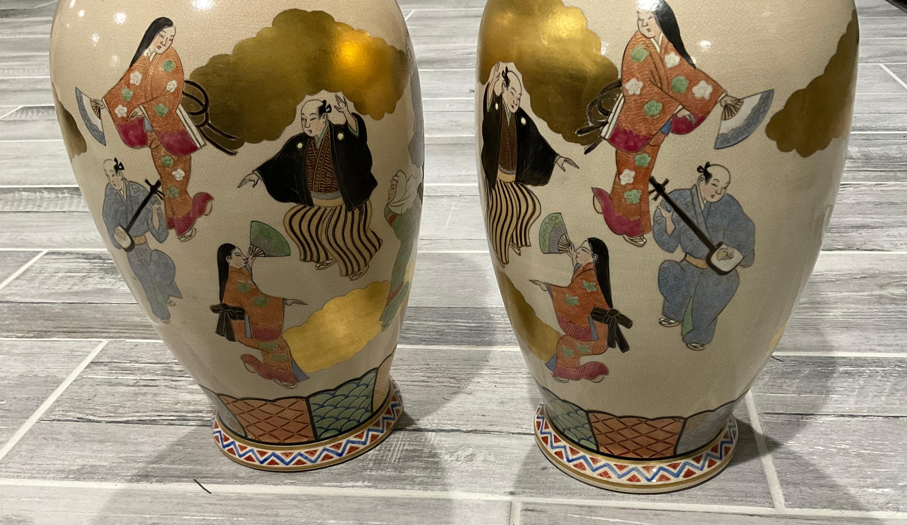 Large Matching Pair Satsuma Meiji Era Figural Vases Figures in Clouds Gold Leaf In Good Condition For Sale In Ann Arbor, MI