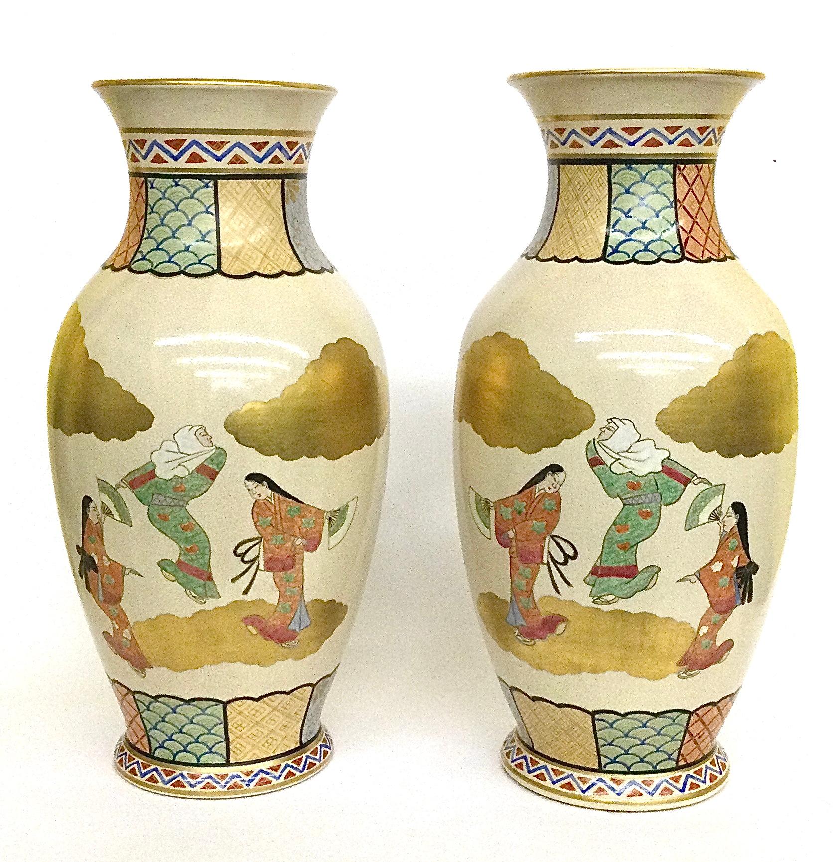 Early 20th Century Large Matching Pair Satsuma Meiji Era Figural Vases Figures in Clouds Gold Leaf For Sale