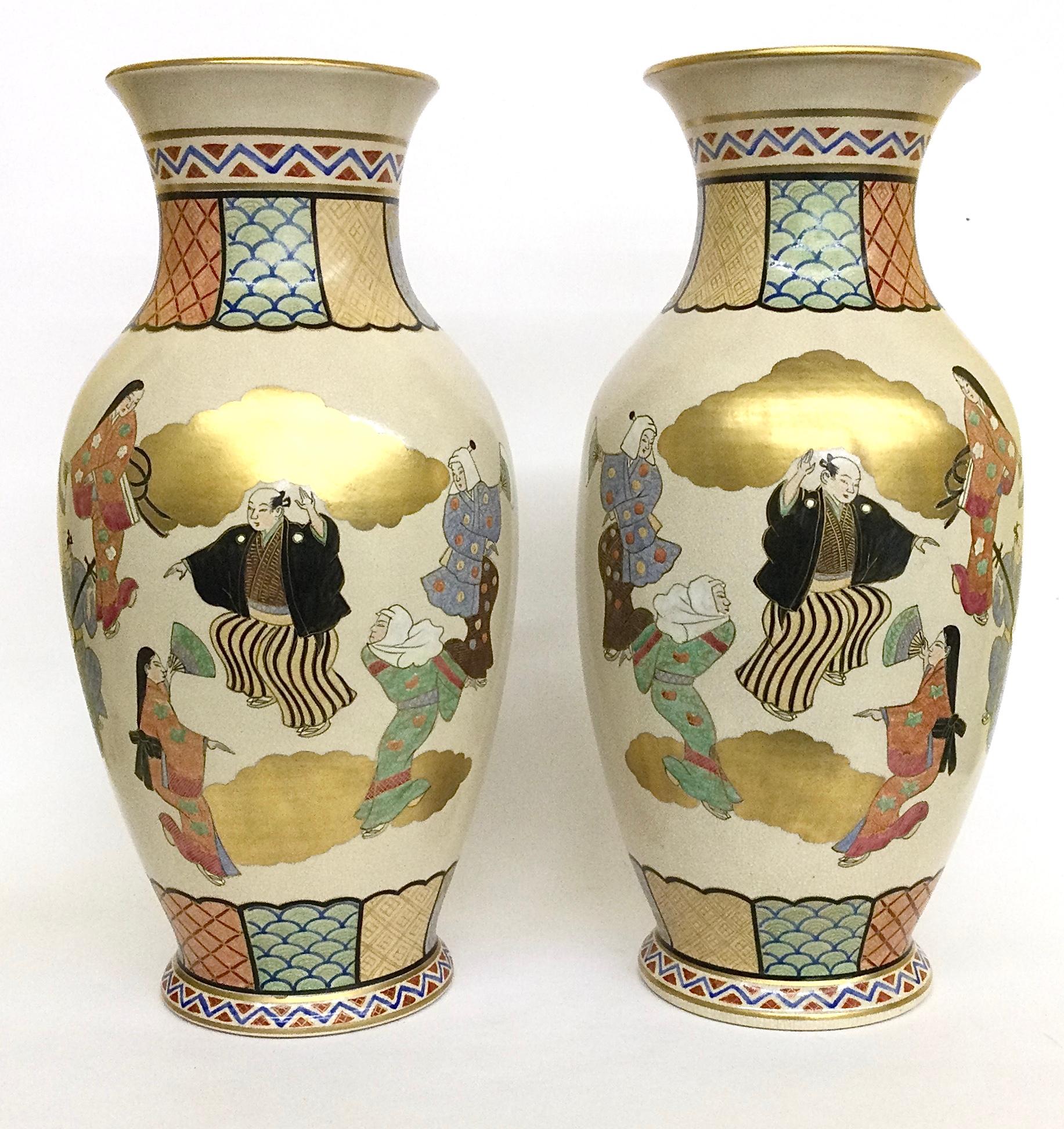 Pottery Large Matching Pair Satsuma Meiji Era Figural Vases Figures in Clouds Gold Leaf For Sale