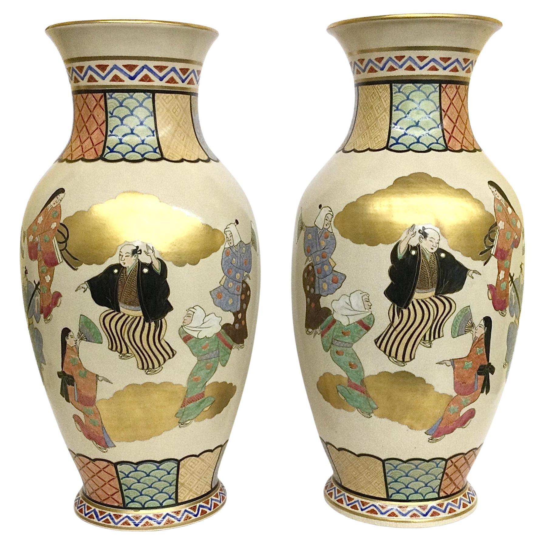 Large Matching Pair Satsuma Meiji Era Figural Vases Figures in Clouds Gold Leaf