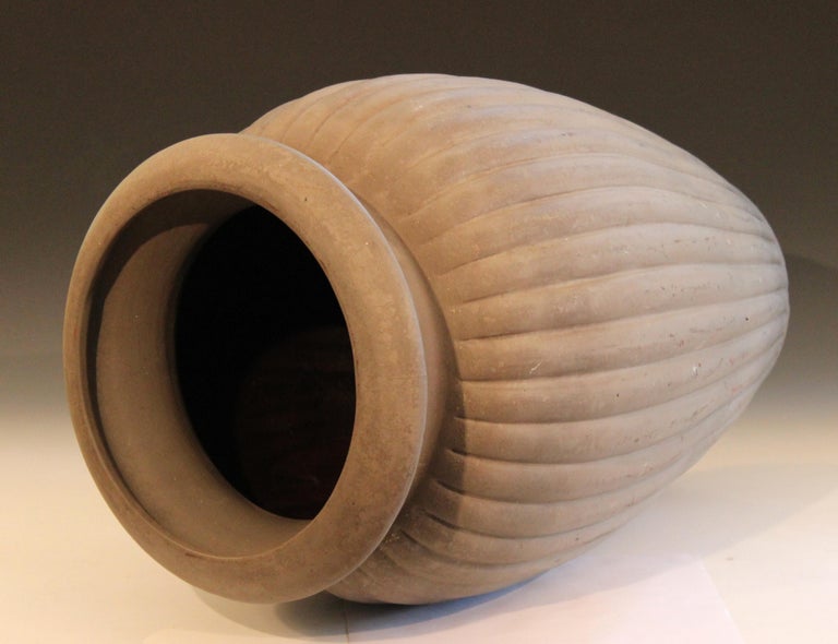 Large Matt Brown Art Deco Peters and Reed Lobed Pottery Floor Jar Urn Vase For Sale at 1stDibs