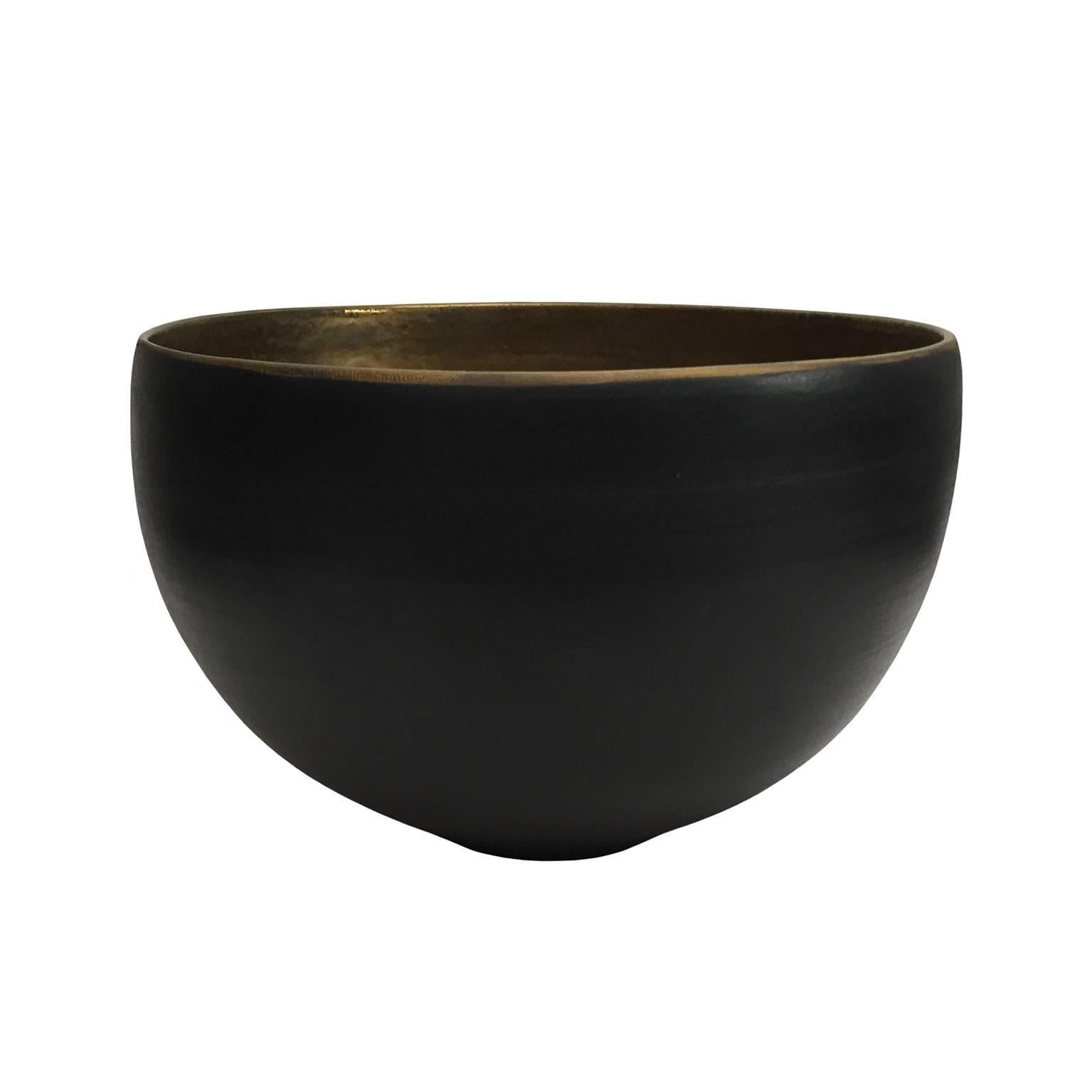 Large Matte Black Ceramic Bowl with Gold Lip and Interior by Sandi Fellman