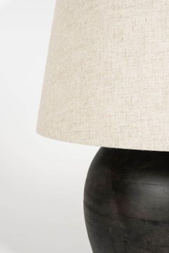 Large Matte Black Pottery Lamp with Linen Drum Shade